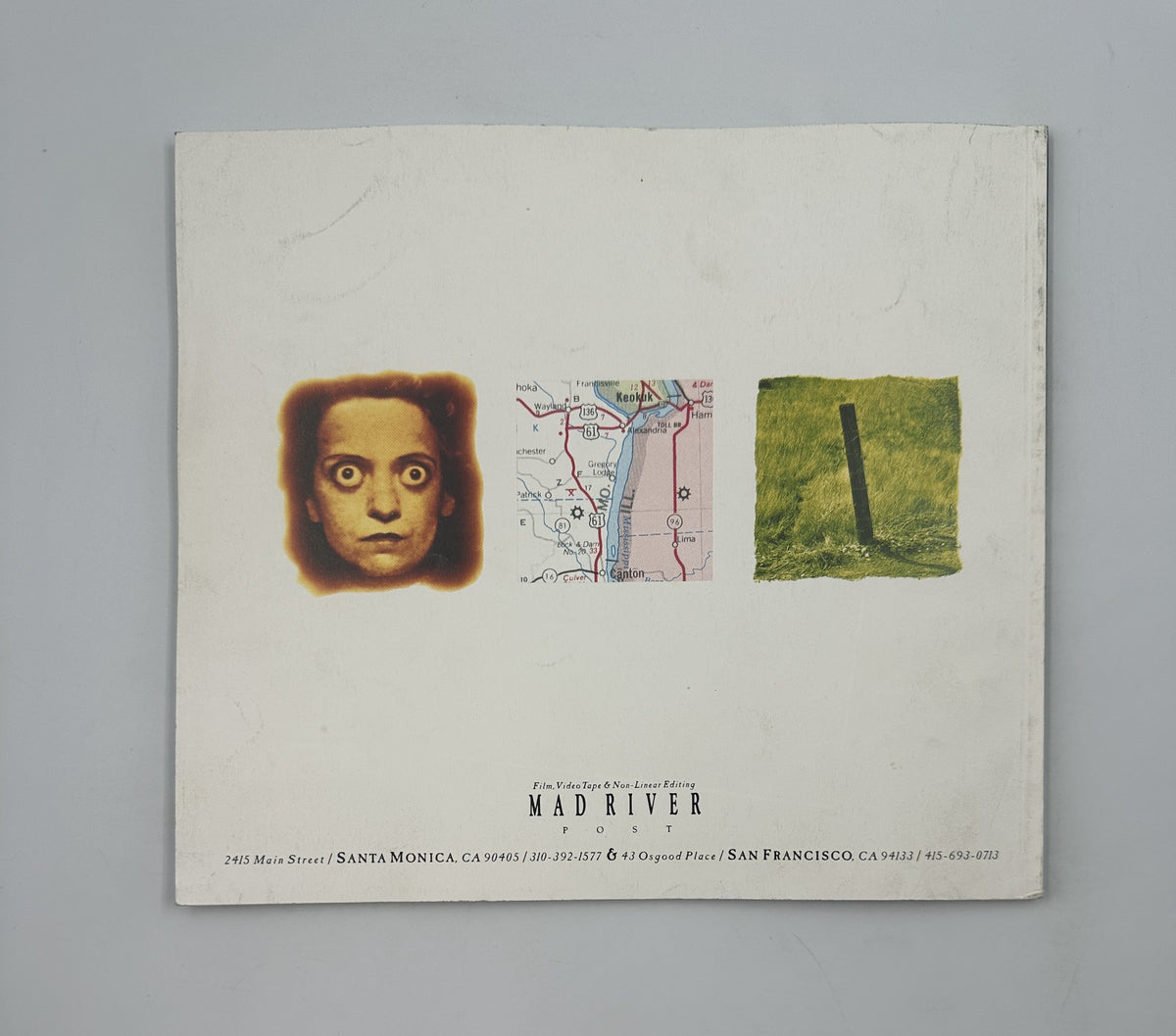 Back cover of Cinefex Magazine May 1993 No. 54 showcasing a collage of images, including a dramatic face, a map, and a roadside scene.
