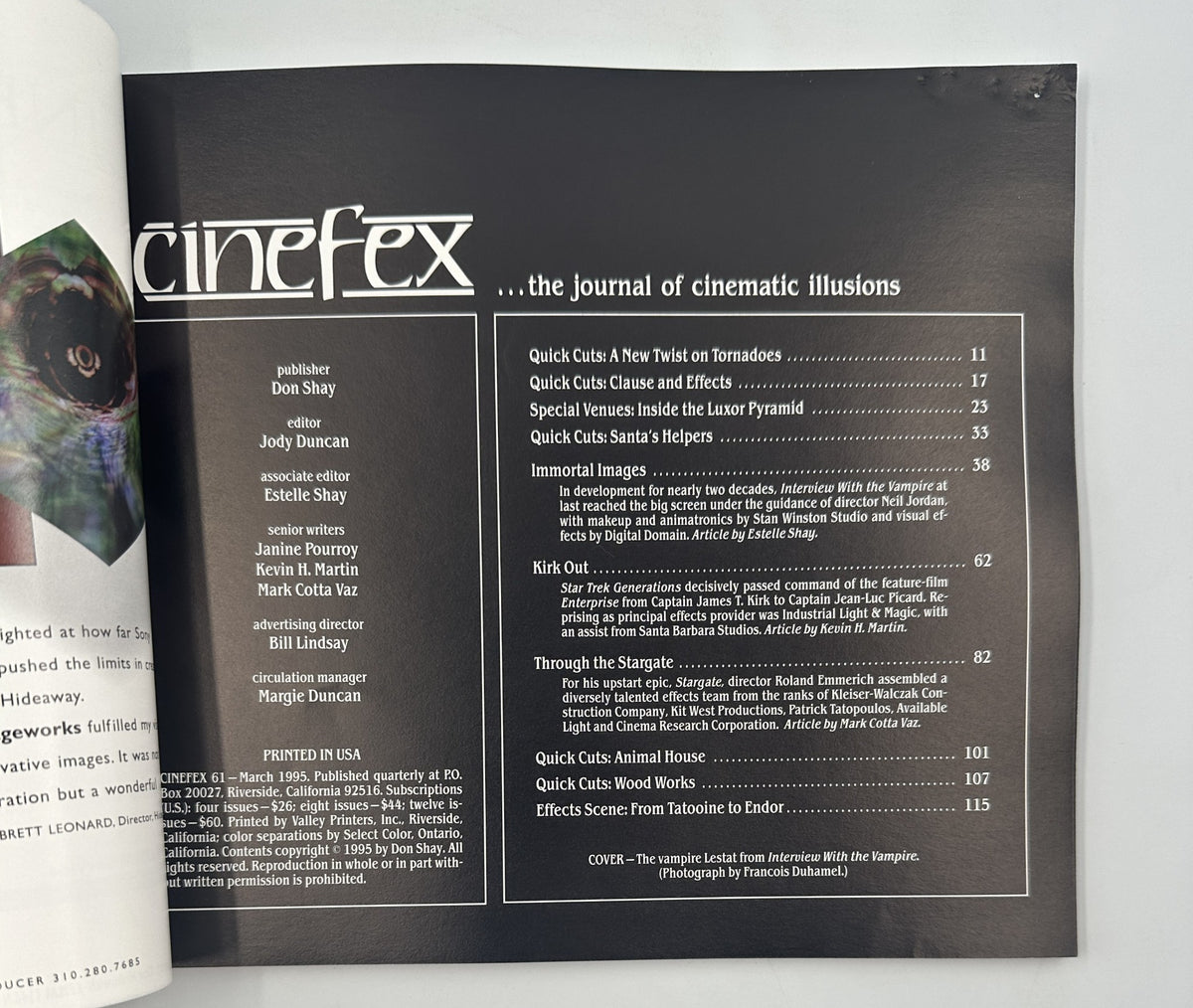 Contents page from Cinefex Magazine March 1995 No. 61, listing articles on 'Interview with the Vampire,' 'Stargate,' and more cinematic topics.