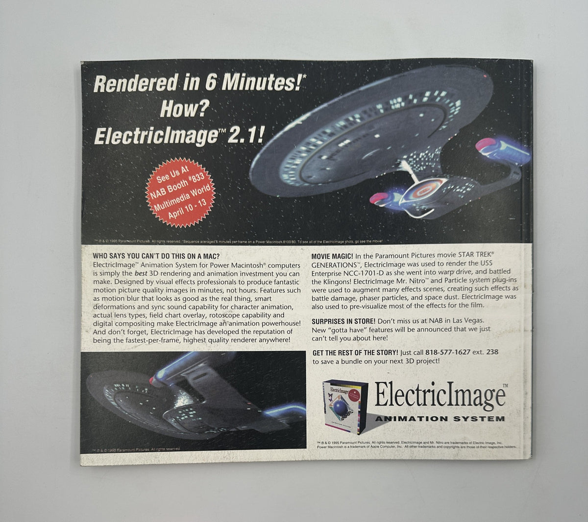 Advertisement for ElectricImage animation system on the back cover of Cinefex Magazine March 1995 No. 61, showcasing its application in 'Star Trek: Generations.'