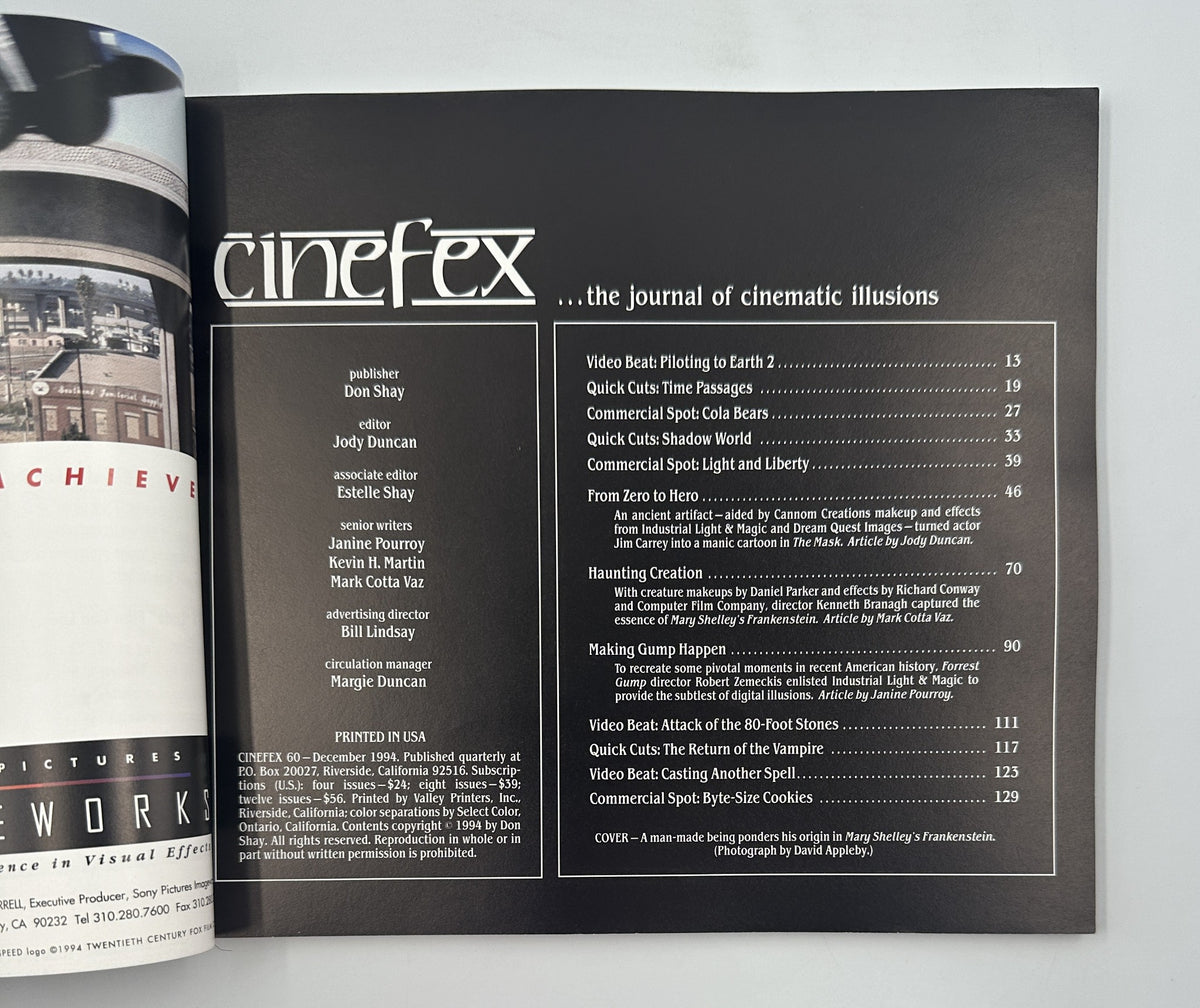 Inside page of Cinefex Magazine December 1994 No. 60 displaying the table of contents, featuring articles on cinematic illusions including 'From Zero to Hero' and 'Making Gump Happen'.