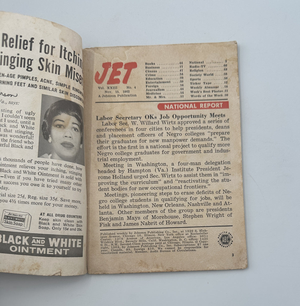 Inside page of Jet Magazine, November 15, 1962, featuring a national report on labor and employment opportunities with details on meetings and discussions involving W. Willard Wirtz.