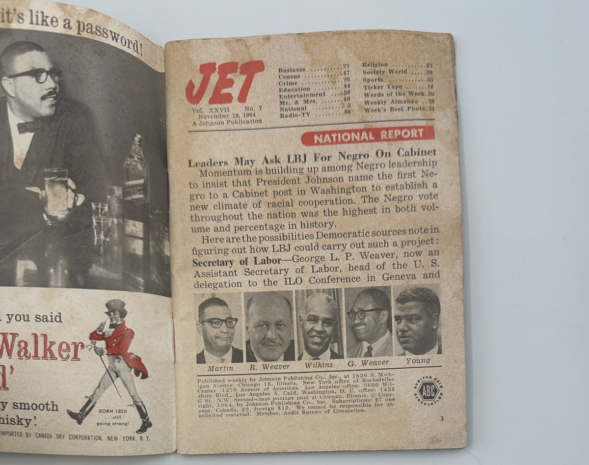 Inside page of Jet Magazine November 19, 1964, discussing the potential impact of LBJ's cabinet appointments on Negro leadership, including a national report section.