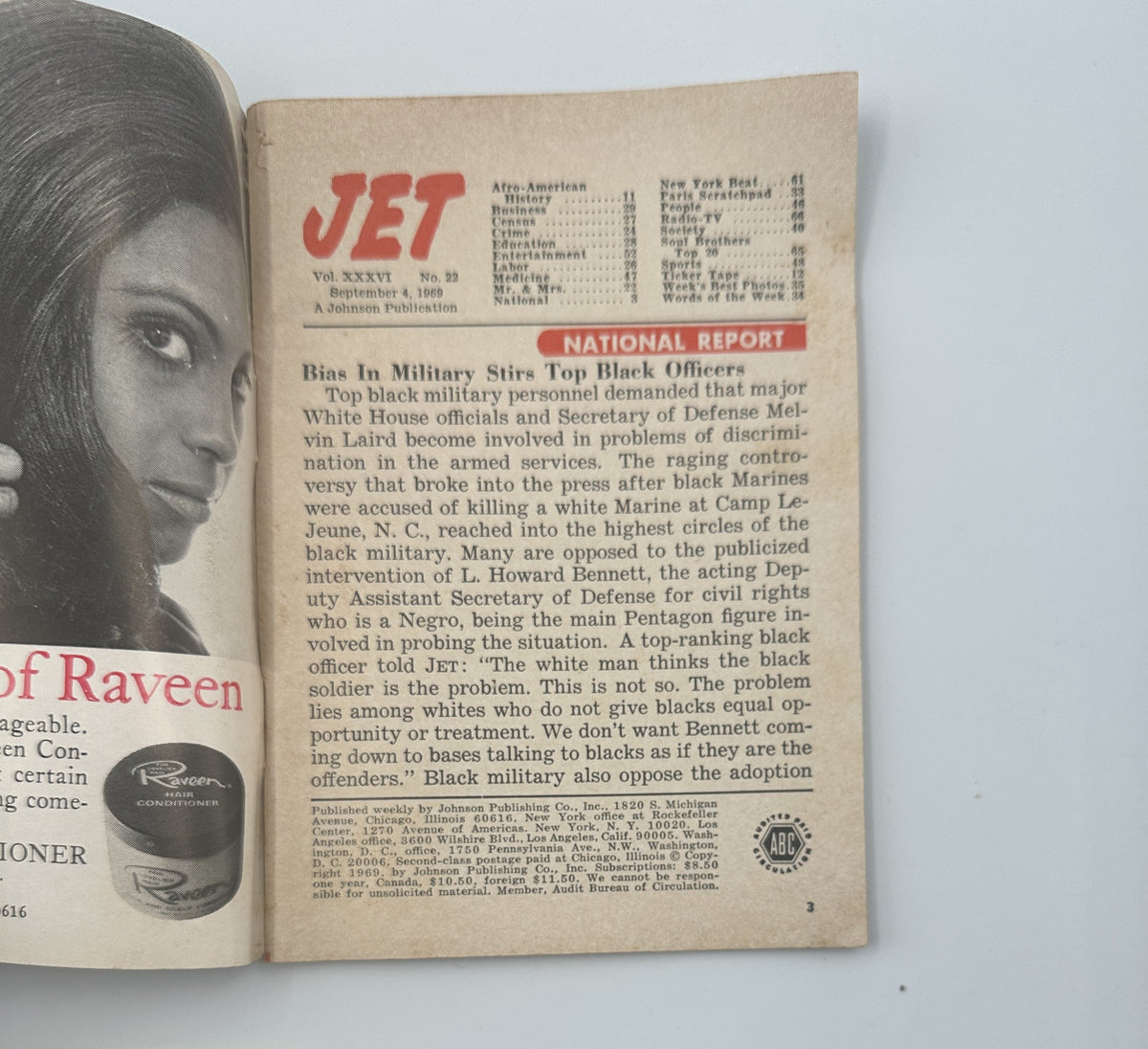 Inside page of Jet Magazine from September 4, 1969, featuring article titled 'National Report' discussing the challenges faced by Black officers in the military. The page includes the title and excerpts about critical issues affecting African American service members.