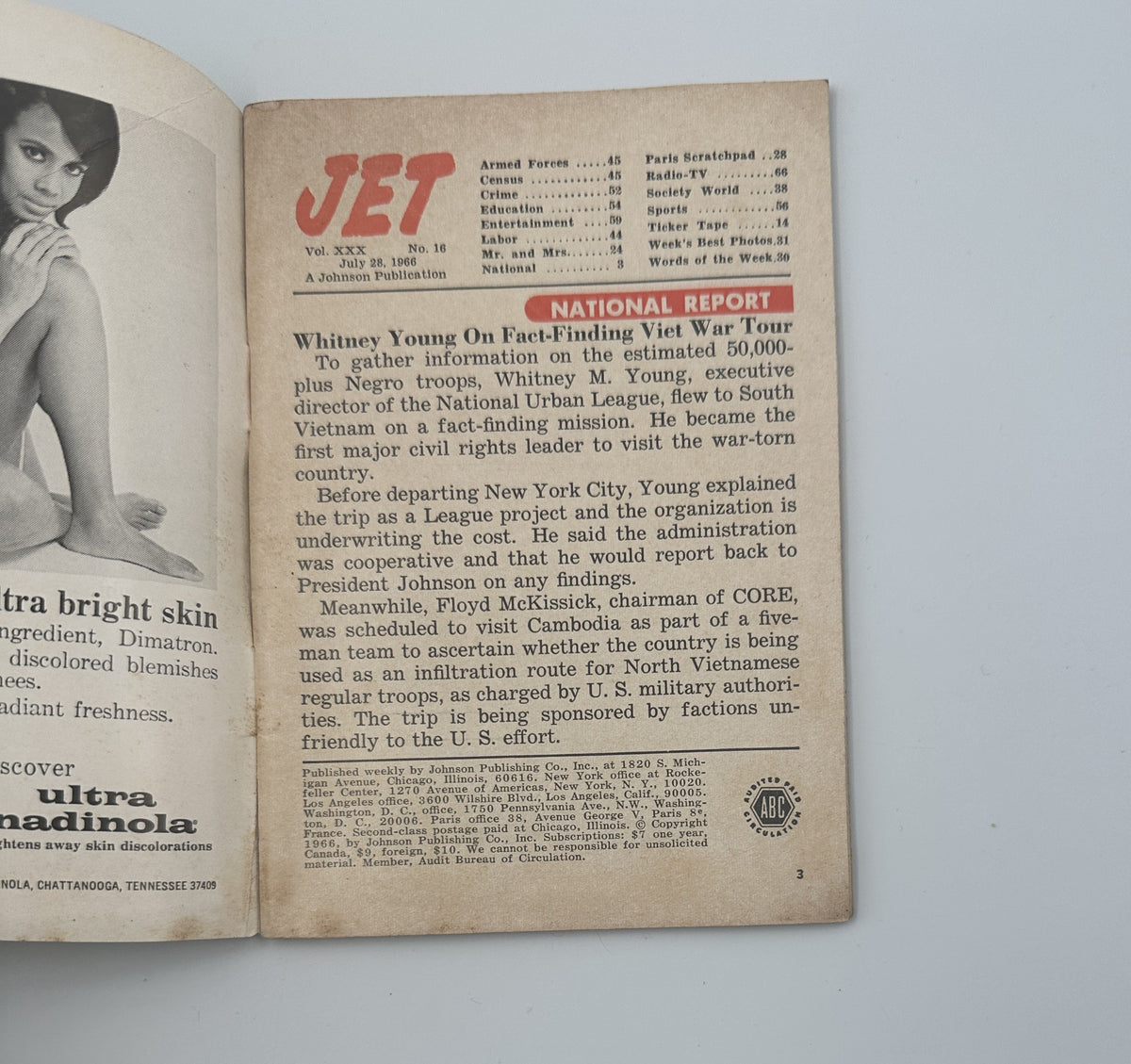 Inside page of Jet Magazine from July 28, 1966 showcasing a National Report on the Vietnam War and featuring Whitney Young.
