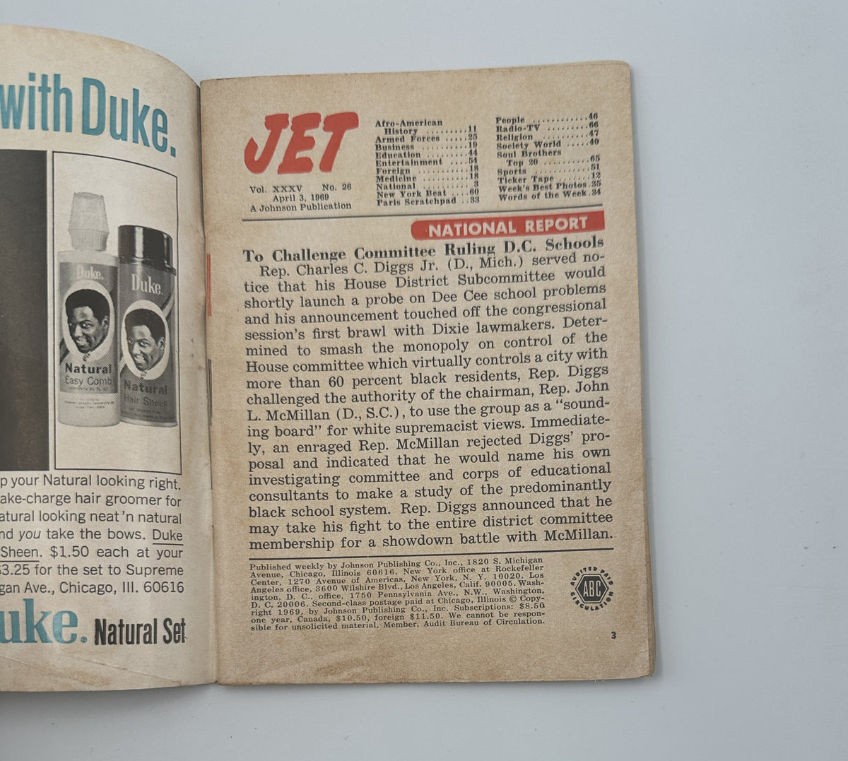 Interior page of Jet Magazine April 3, 1969 detailing a National Report section, showcasing headlines and articles relevant to the War on Poverty and education reforms.