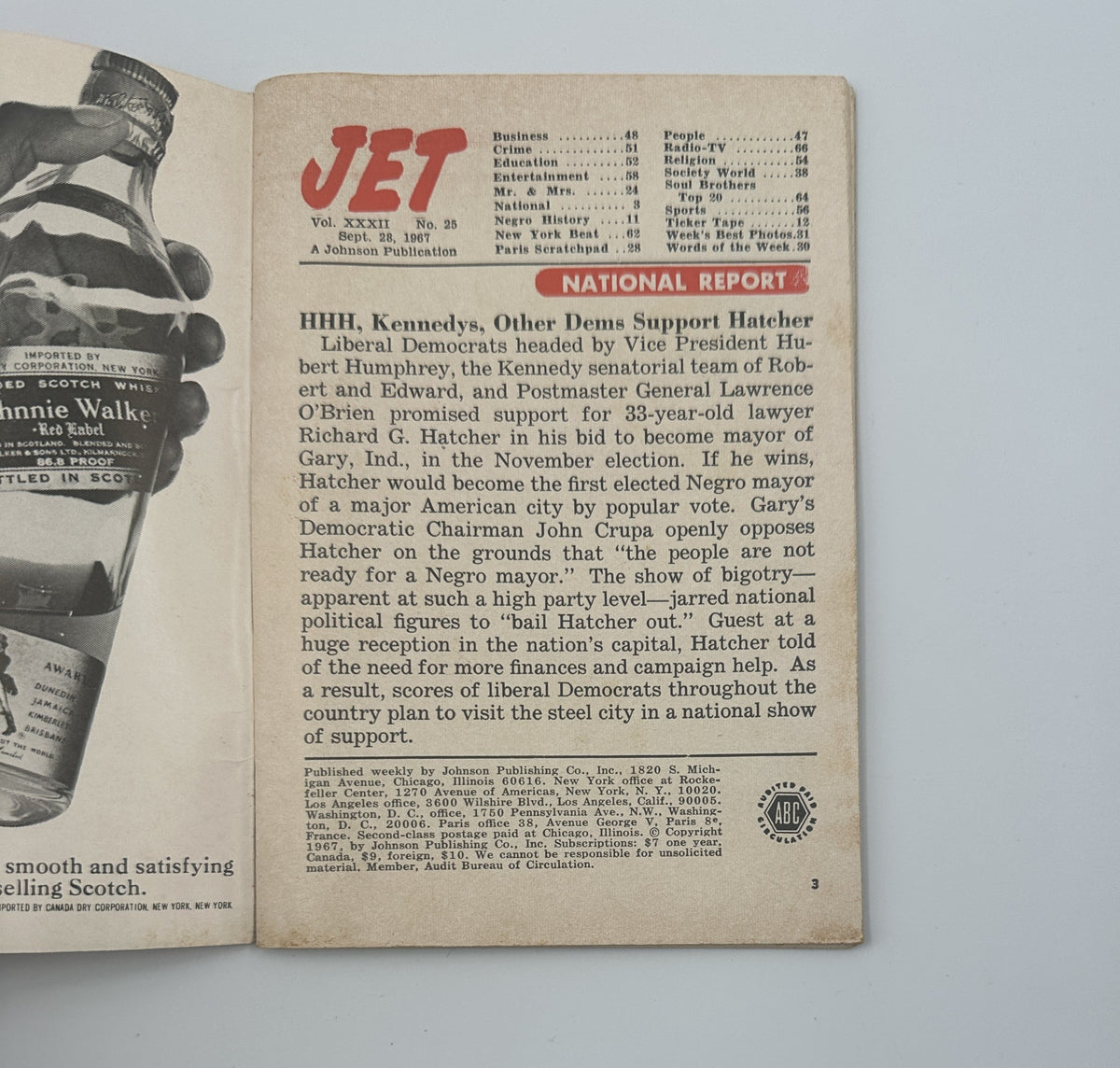 Inside page of Jet Magazine detailing a national report on political support, including HHH, Kennedys, and other Democrats for Gary Richard Hatcher's candidacy.