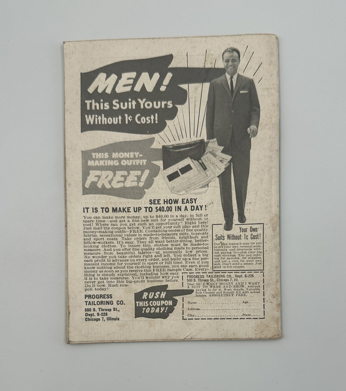 Back cover of Jet Magazine February 16, 1961 promoting a money-making outfit for men with a coupon for Progress Tailoring Co.