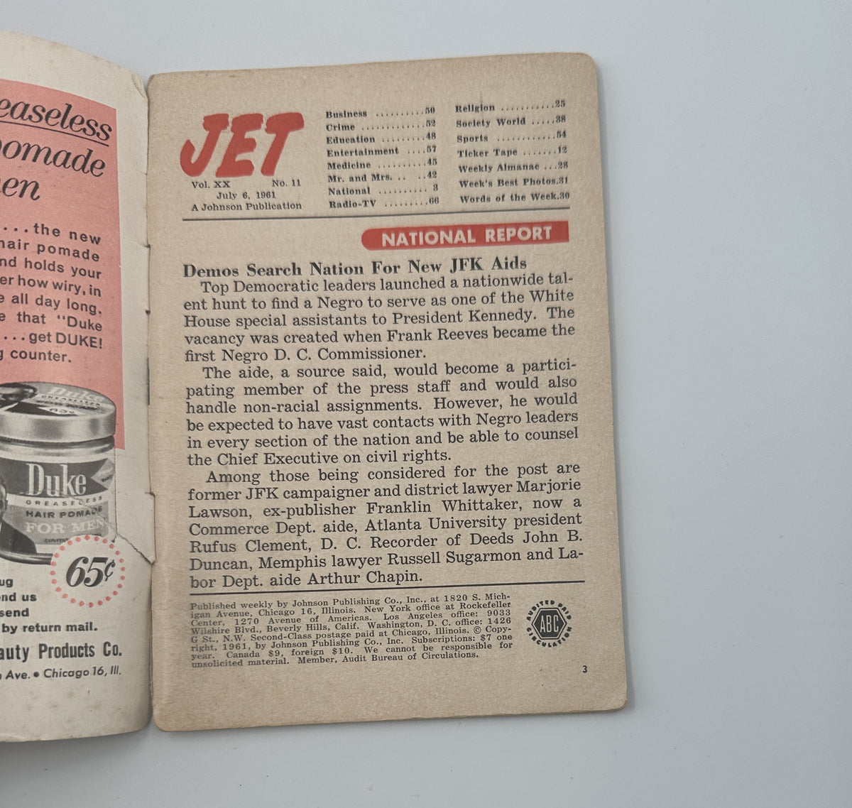 Inside page of Jet Magazine, July 6, 1961, detailing a national report on Democratic leaders seeking candidates for President Kennedy's administration.