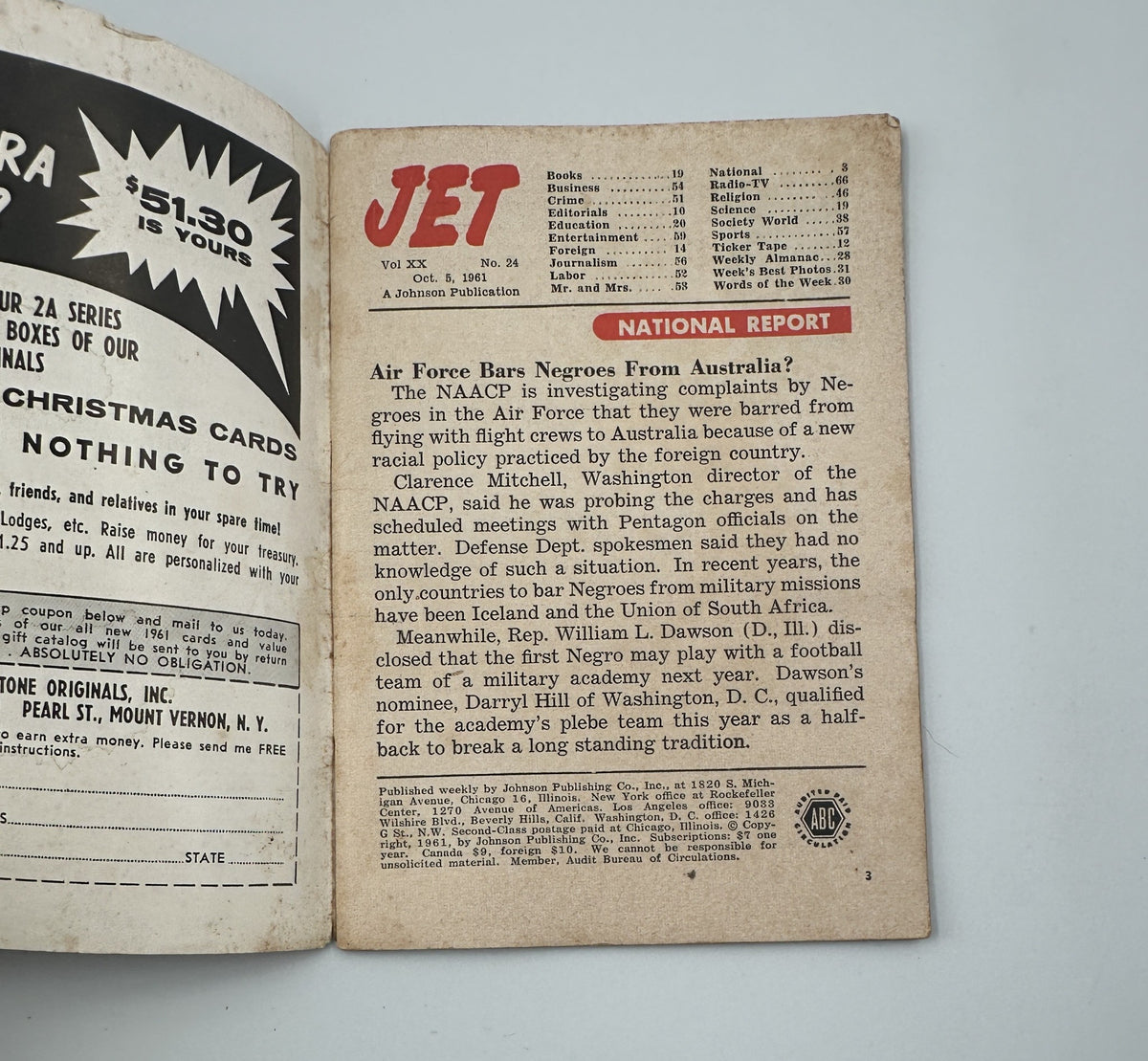 Inside page of Jet Magazine October 5, 1961 detailing a National Report investigation by the NAACP regarding discrimination in the Air Force.