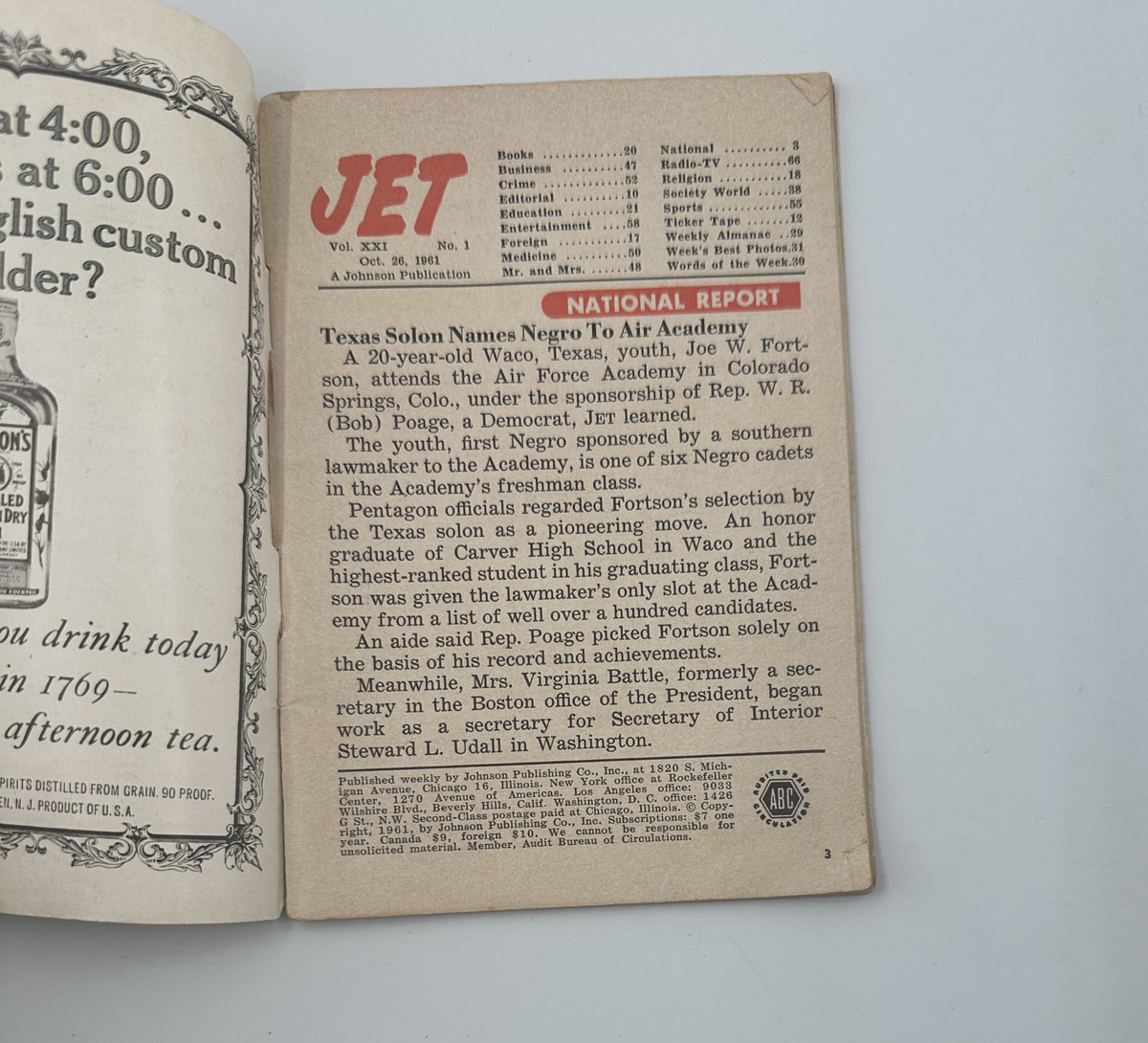Inside page of Jet Magazine from October 26, 1961, featuring a National Report about Texas Solon naming a Negro to Air Force Academy, providing context and headline details from the issue.