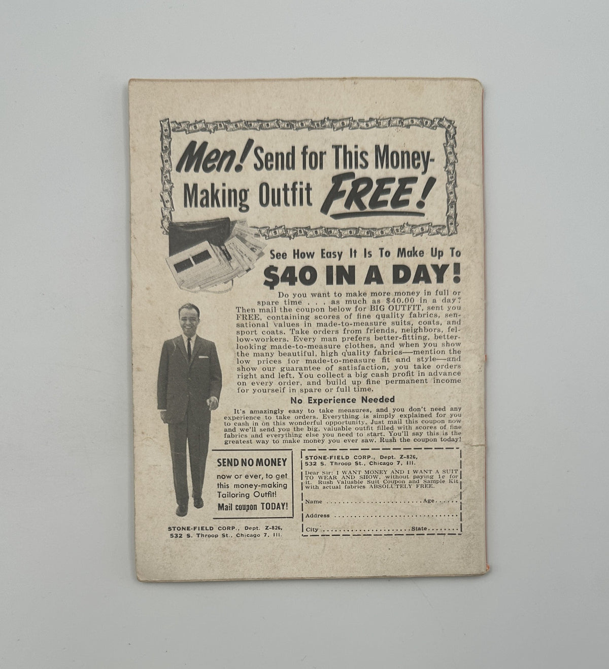 Back cover of Jet Magazine from October 26, 1961 featuring a vintage advertisement for a money-making outfit, highlighting opportunities to earn up to $40 a day, part of the edition that has Cathy Young as the Ebony Fashion Model on the cover.