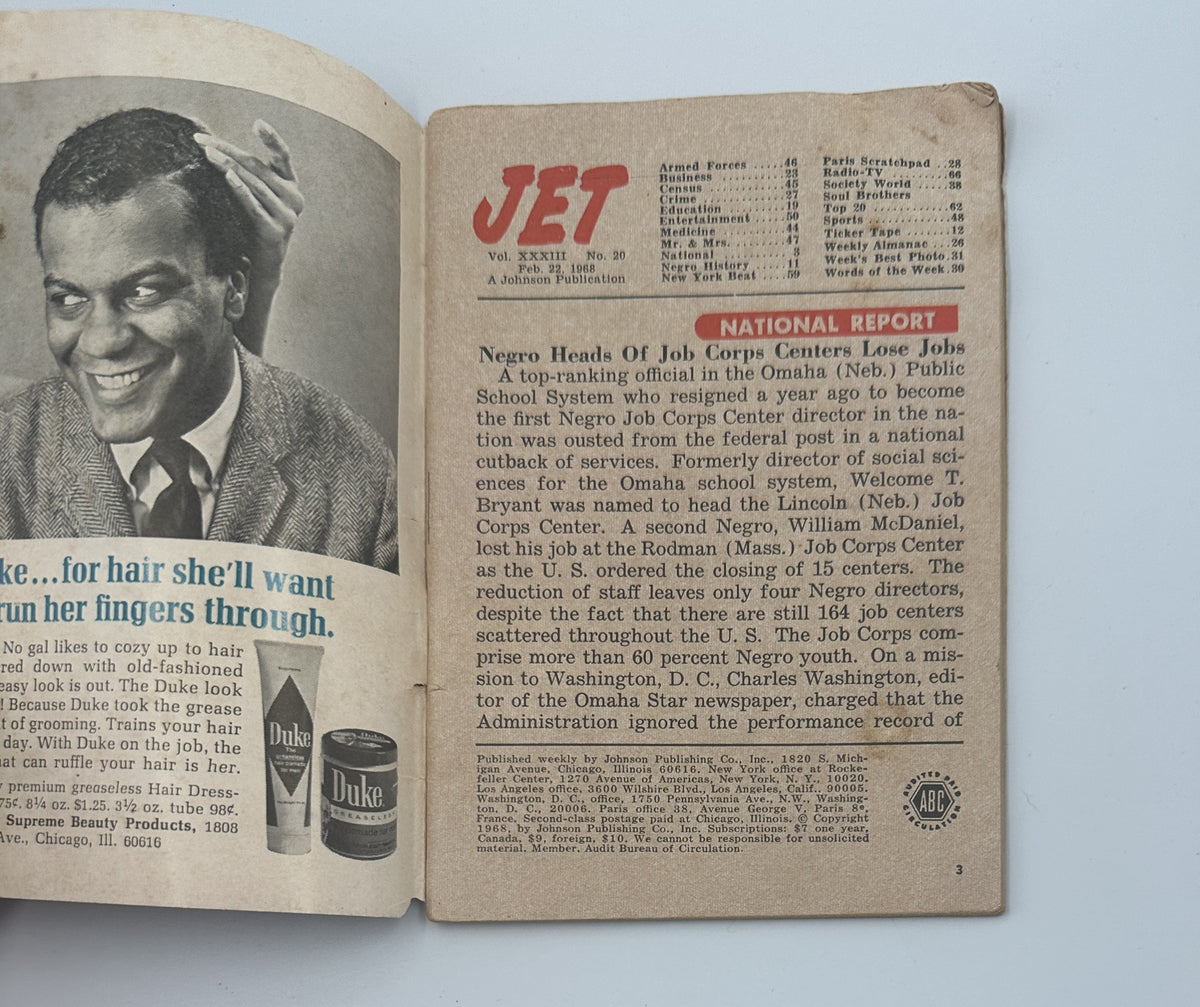 Jet Magazine February 22, 1968 featuring a profile of Sidney Poitier, highlighting Negro History and job opportunities in the national section with an image of a smiling man.