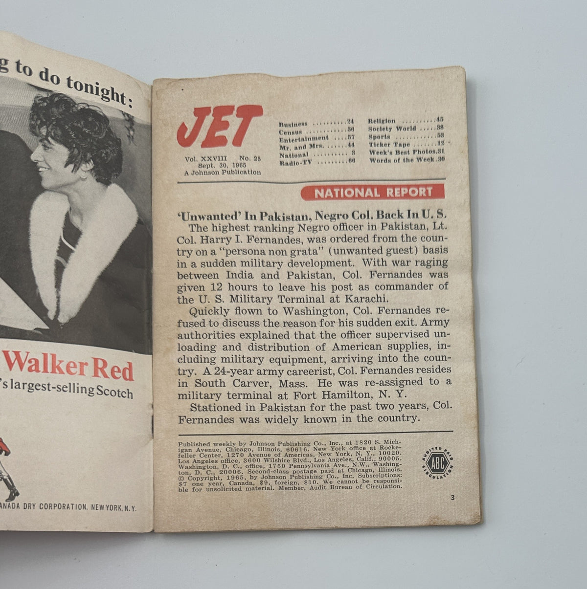 Inside view of Jet Magazine September 30, 1965 displaying national report content, including information on notable figures and events.