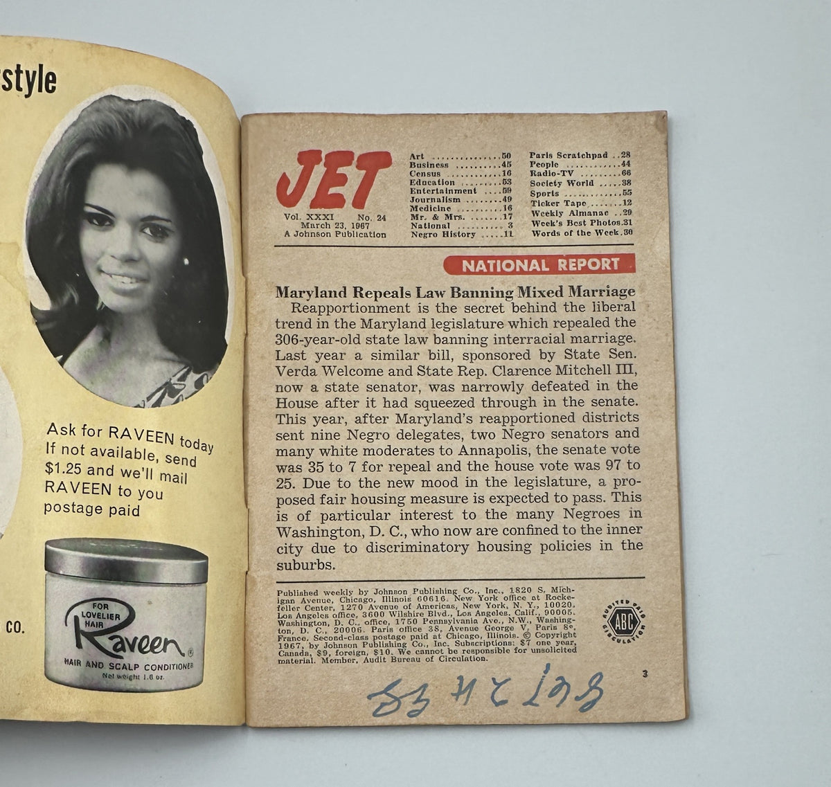 Jet Magazine March 23, 1967 featuring an article on Maryland Repeals Law Banning Mixed Marriage with an image of a woman, in acceptable reader condition.