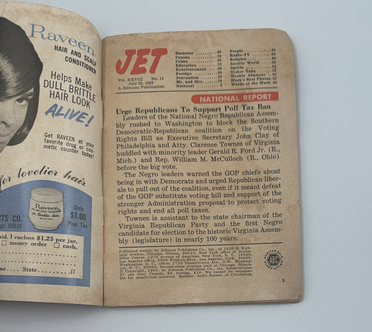 Inside page of Jet Magazine July 22, 1965 with National Report discussing political matters related to the Negro community.