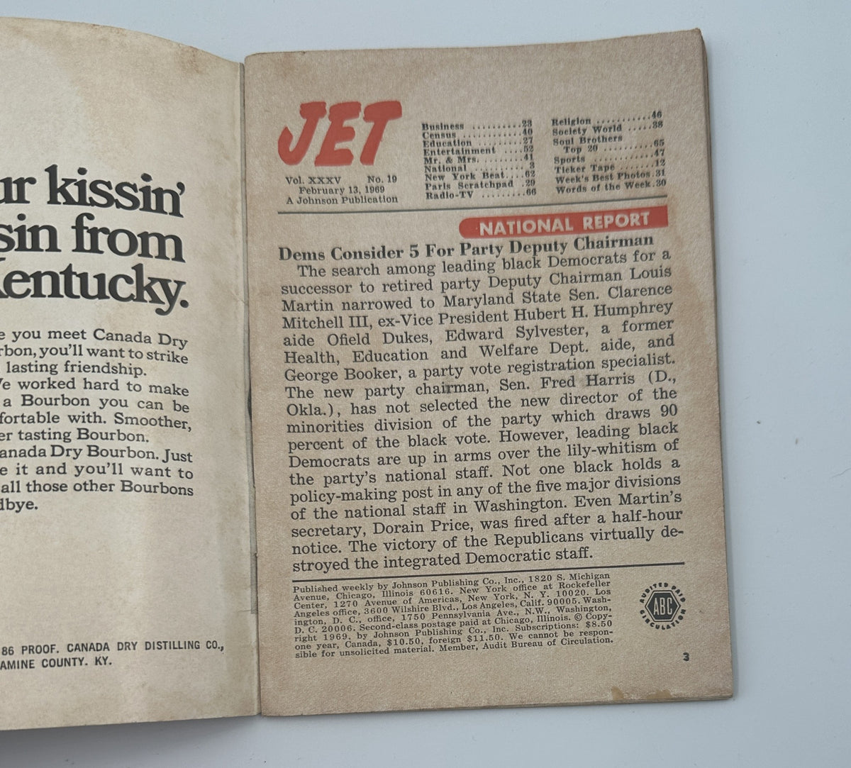 Inside spread of Jet Magazine from February 13, 1969, featuring articles and content related to political discussions and social issues.