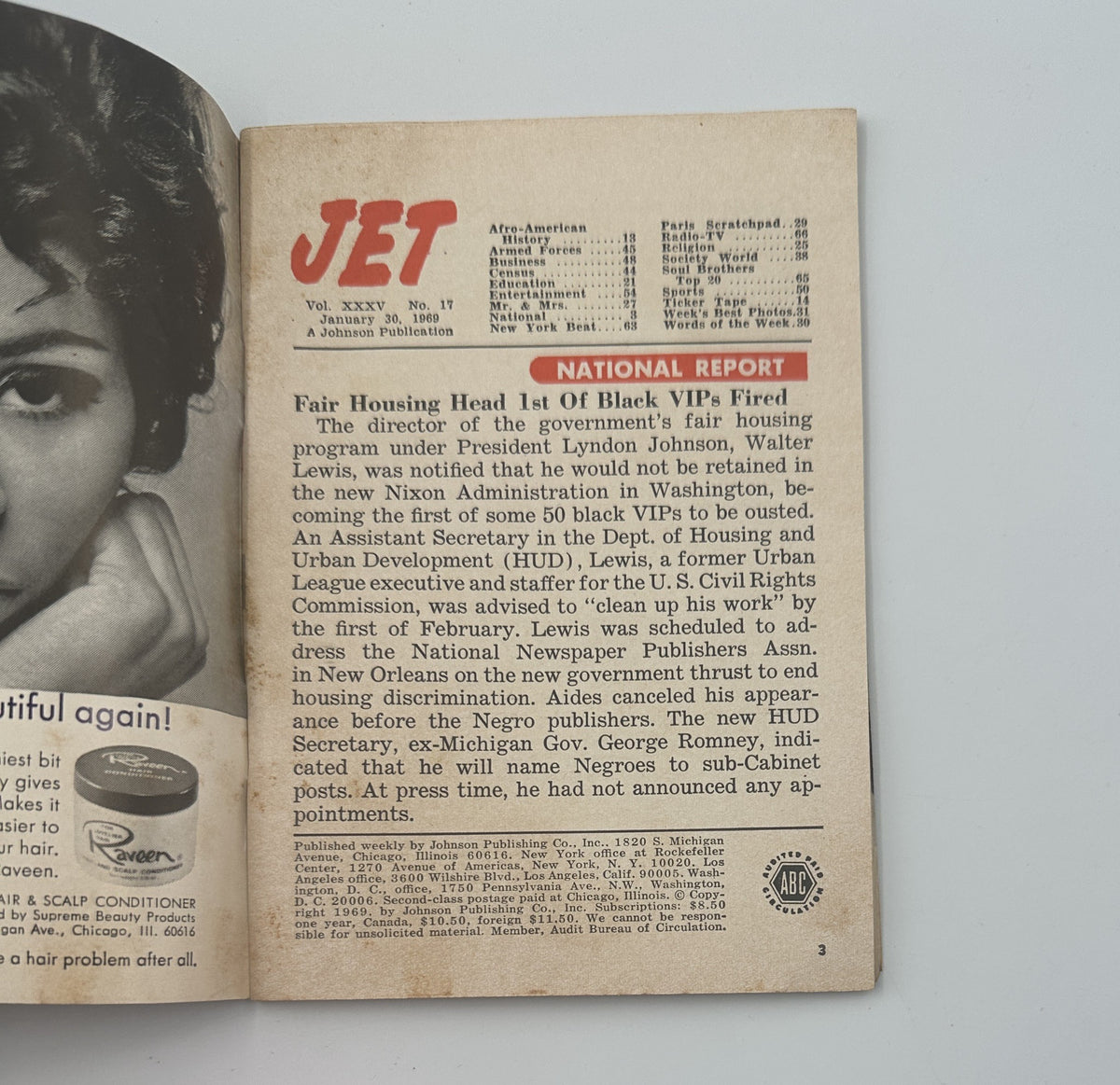Inside page from Jet Magazine January 30, 1969, detailing the National Report on the government's fair housing program and its implications for black citizens.