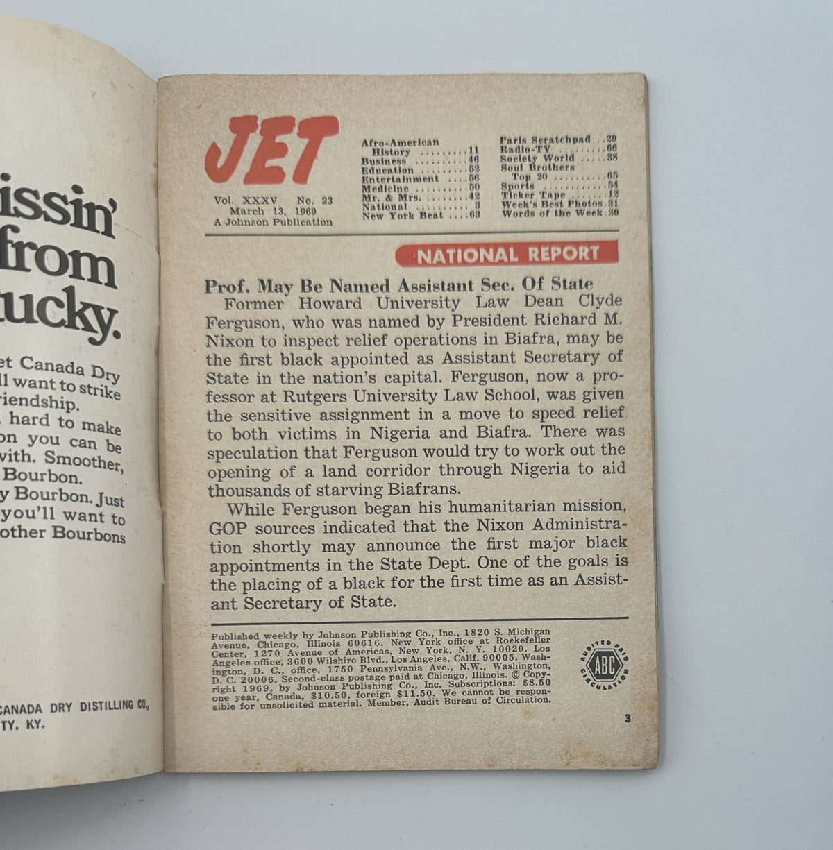 Inside page of Jet Magazine March 13, 1969 featuring a national report about Professor Howard University Law Dean Clyde Ferguson's potential appointment.