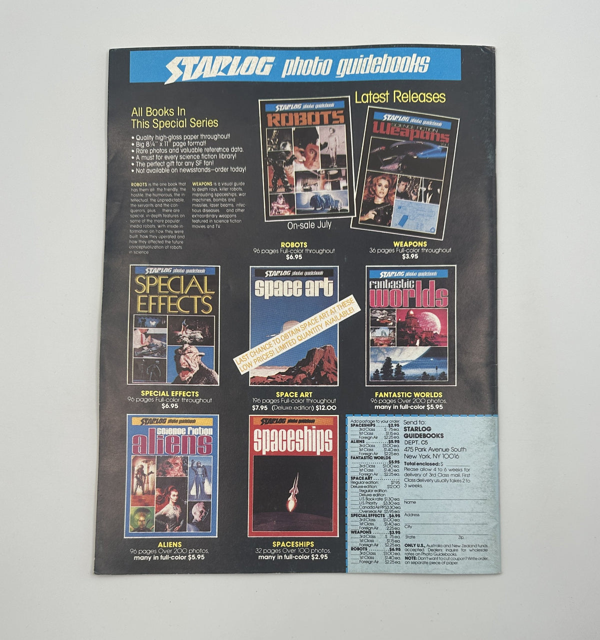 Back cover of Cinemagic Magazine No. 5 featuring advertisements for related Starlog photo guidebooks and special effects resources.