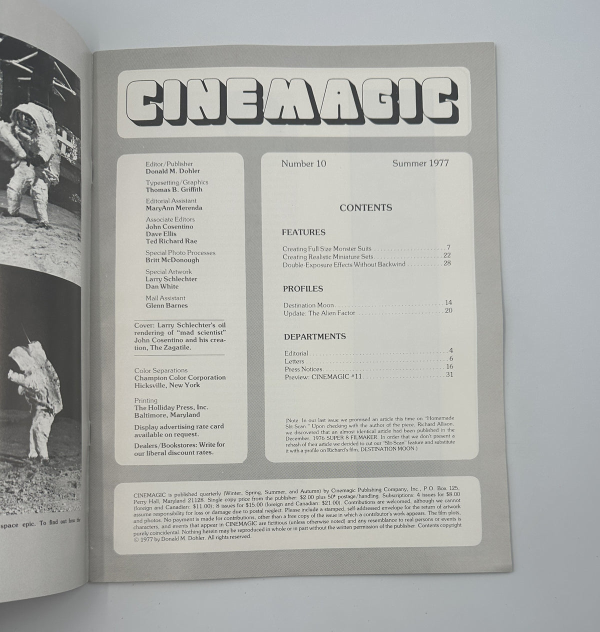 Inside page of Cinemagic Magazine Summer 1977 No. 10 showing the Table of Contents, highlighting features and departments related to film making and monster suit creation.