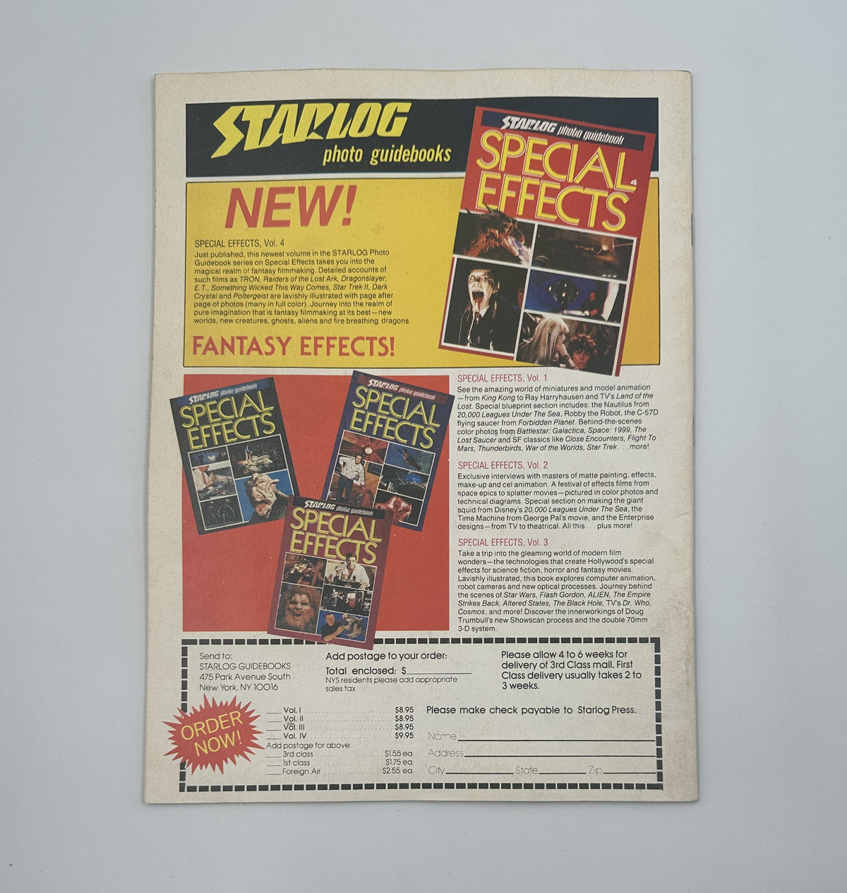 Back cover of Cinemagic Magazine Spring No. 29 promoting new special effects guidebooks, with a focus on fantasy effects and filmmaking.
