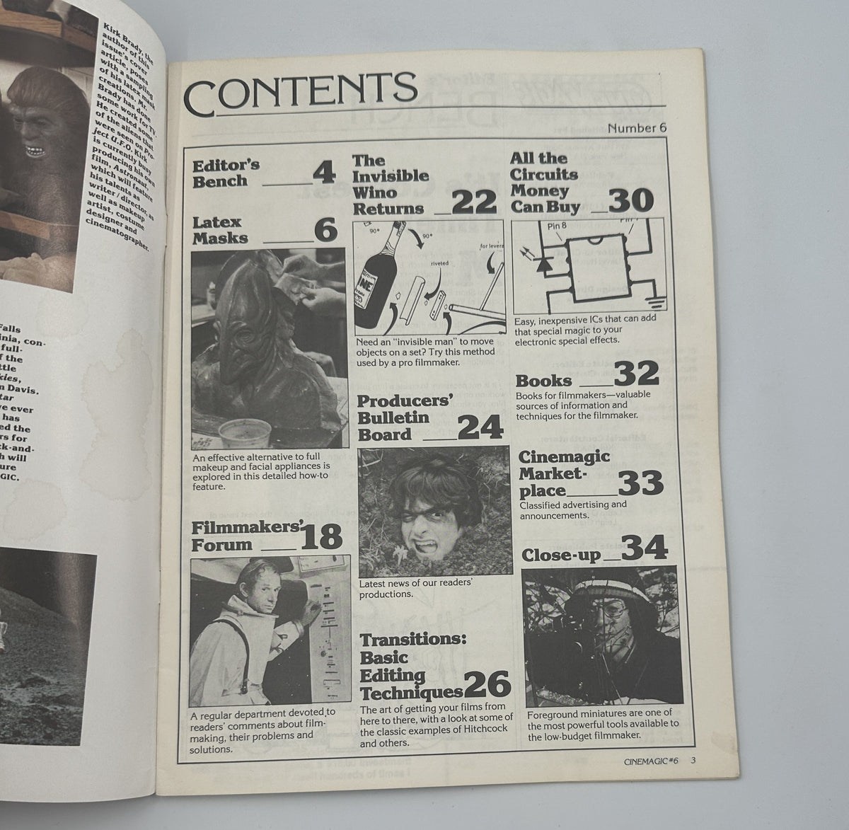 Cinemagic Magazine No. 6 showing the Table of Contents including sections on Latex Masks and Filmmakers' Forum, with an illustration of a creature mask.