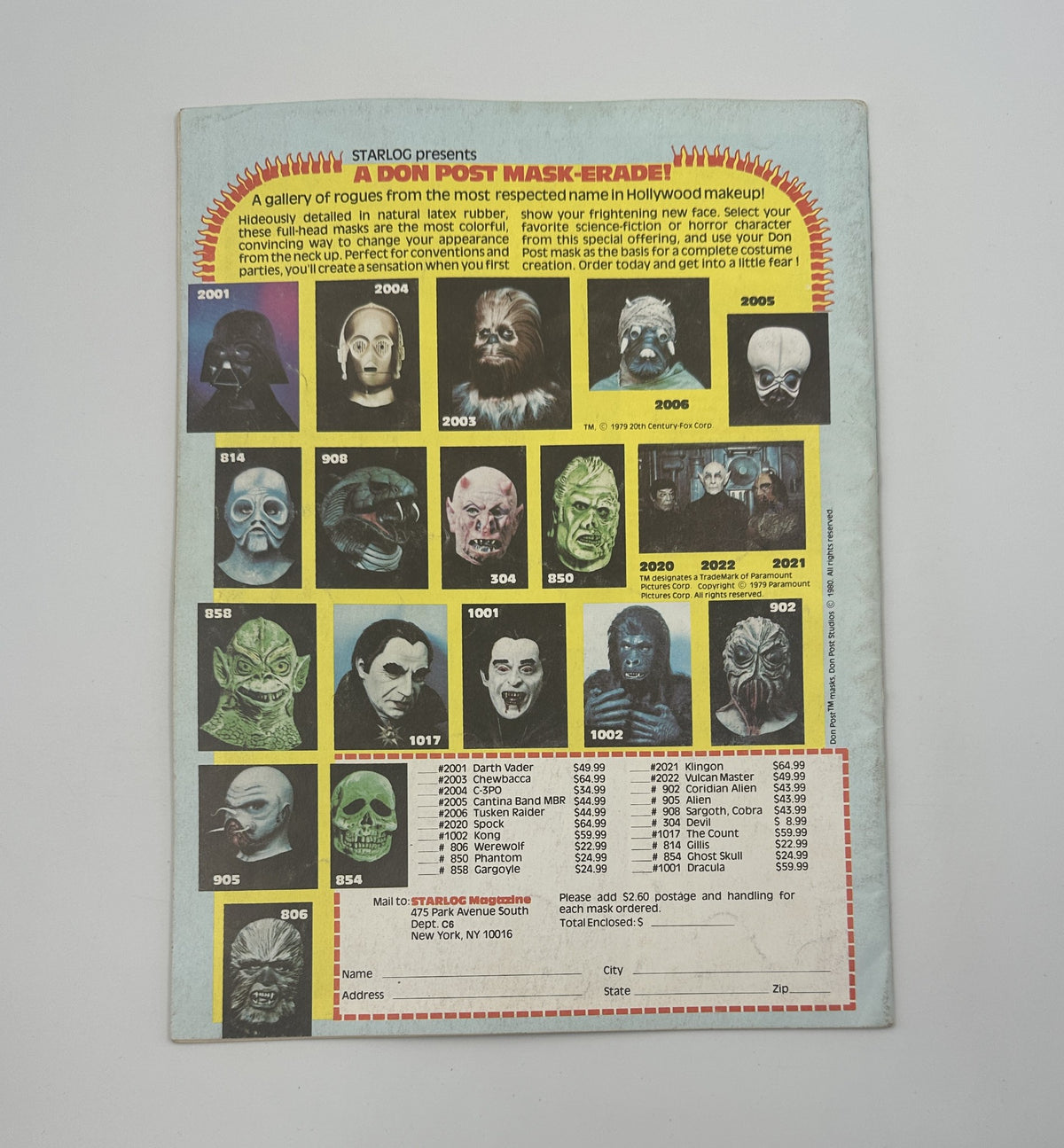 Back cover of Cinemagic Magazine No. 6 featuring a collection of masks from Don Post and details for ordering, showcasing various horror and special effects masks.