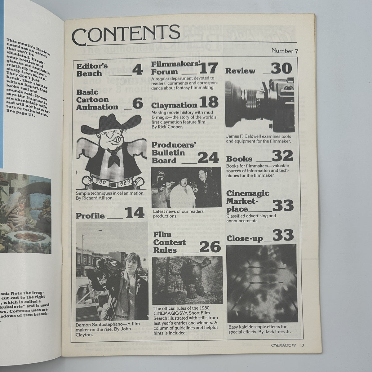 Table of Contents page for Cinemagic Magazine No. 7 listing features including Basic Cartoon Animation and Film Contest Rules.