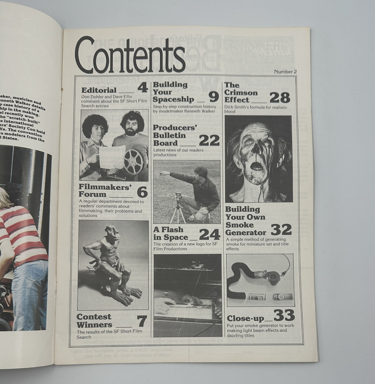 Interior page of CineMagic Magazine No. 2 displaying the Table of Contents, including articles on filmmaking techniques and special effects.