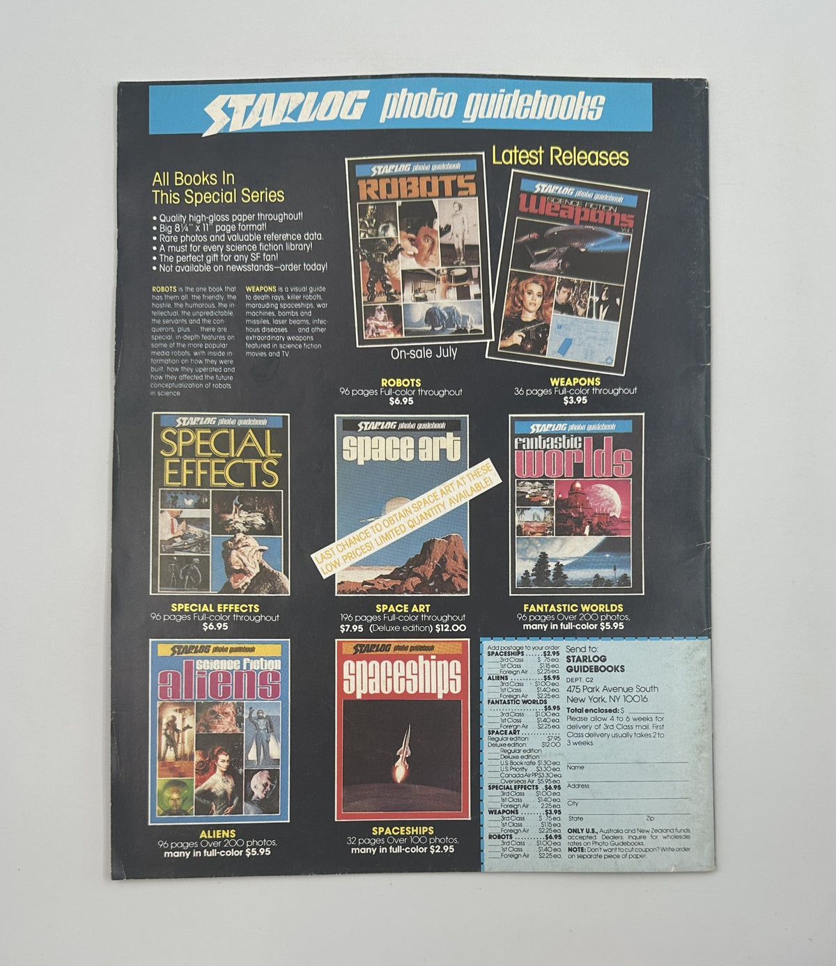 Back cover of CineMagic Magazine No. 2 showcasing other Starlog photo guidebooks and latest releases related to science fiction and filmmaking.
