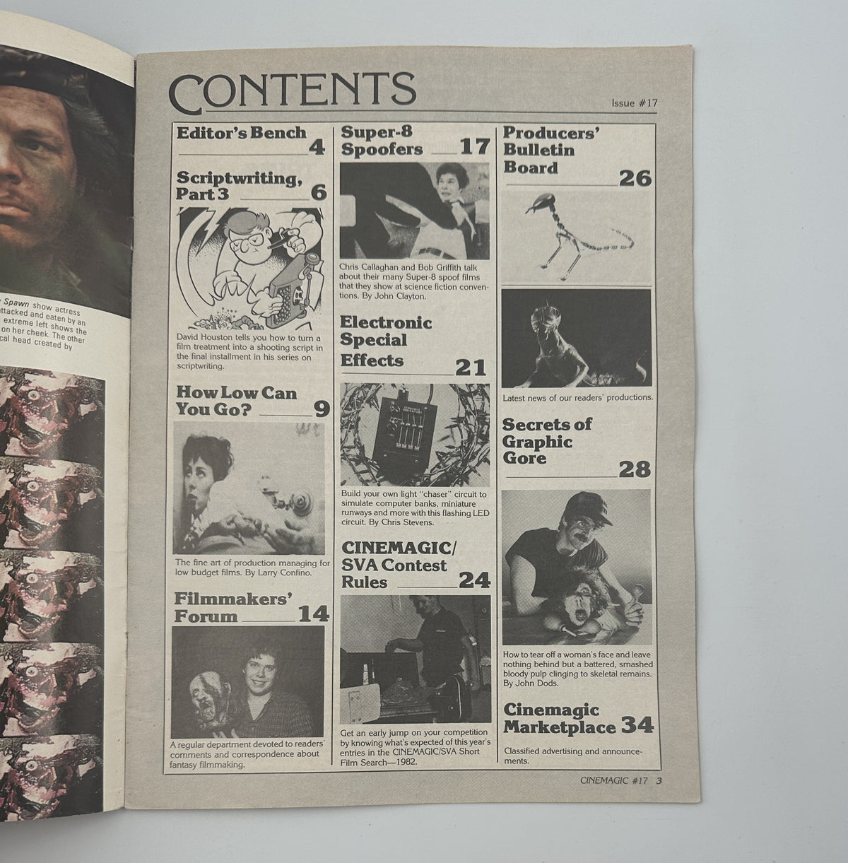 Interior page of CineMagic Magazine No. 17 showcasing the Table of Contents, including sections on Scriptwriting, Super-8 Spoofers, Electronic Special Effects, and the feature 'Secrets of Graphic Gore'.