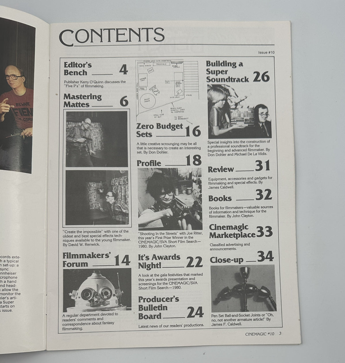 CineMagic Magazine No. 10 Table of Contents displaying articles such as Editor's Bench, Mastering Mattes, Zero Budget Sets, and other filmmaking topics.
