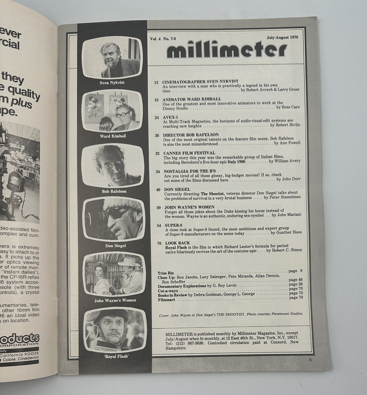 Inside page of Millimeter Magazine July-August 1976 showcasing the Table of Contents including features on Sven Nykvist, Don Siegel, and articles on film industry topics.