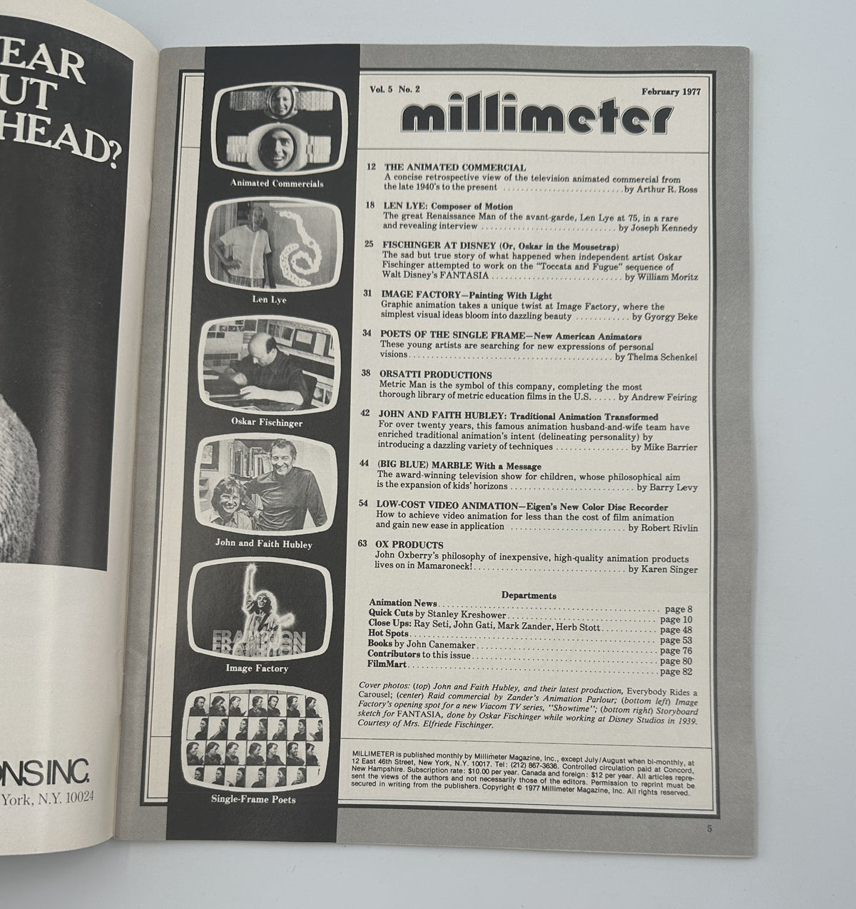 Interior page of Millimeter Magazine, February 1977, showcasing the Table of Contents with references to significant animation articles and features, including work by John and Faith Hubley.