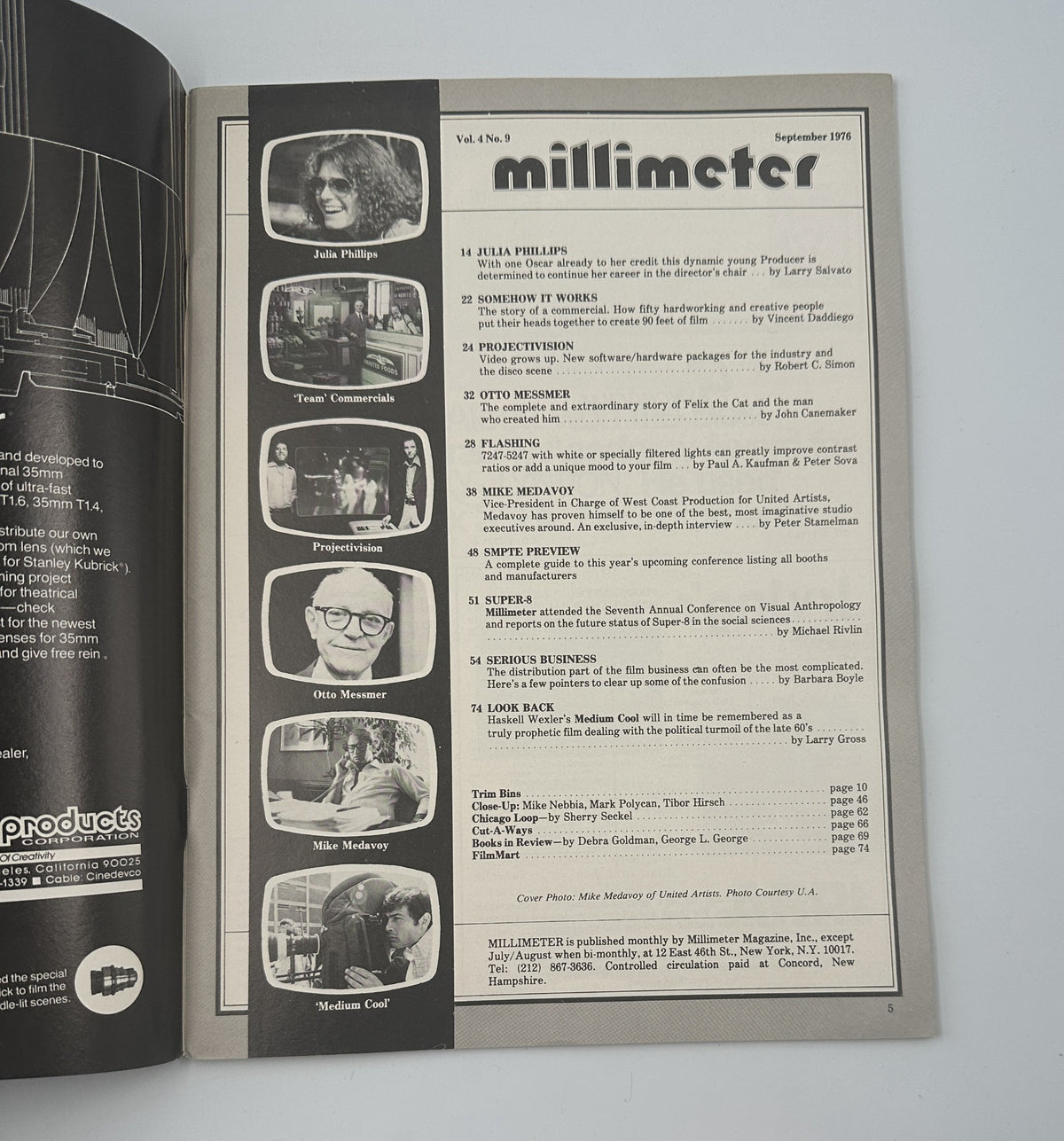 Inside page of Millimeter Magazine September 1976 listing articles including Julia Phillips and Mike Medavoy, along with detailed Table of Contents.