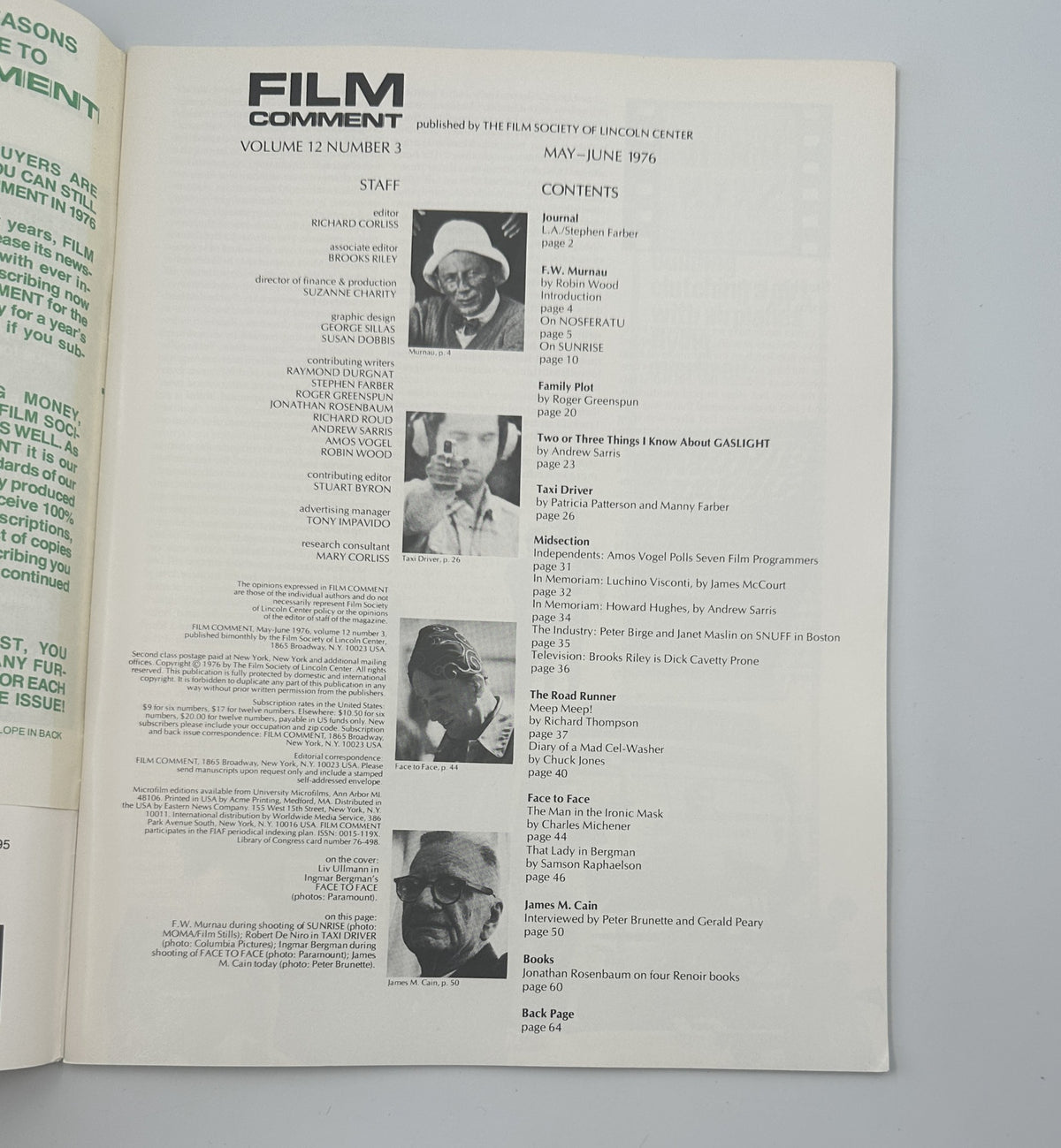 Film Comment Magazine May-June 1976 featuring the Table of Contents, showcasing contributions from notable film critics and filmmakers, including F.W. Murnau and James M. Cain.