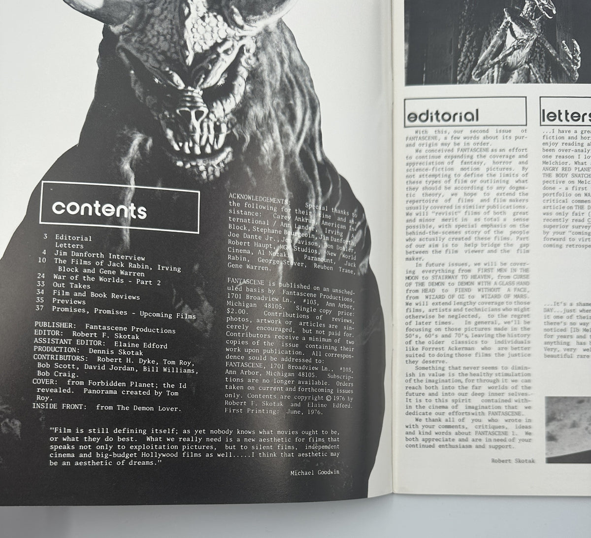 Inside page of Fantascene Magazine Summer 1976 displaying the table of contents and editorial section with details on featured interviews and film reviews.