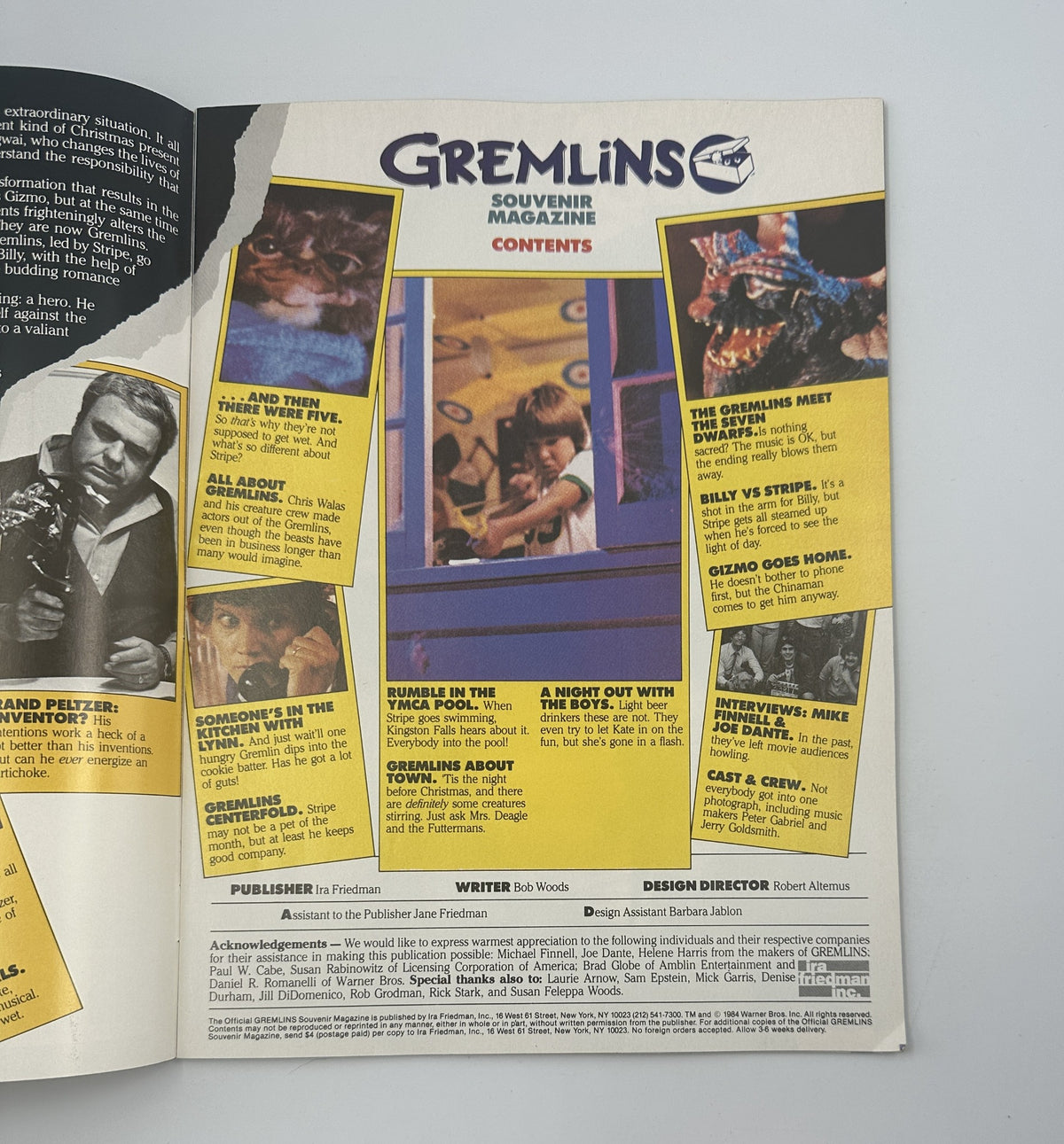 Inside page of the Gremlins Souvenir Magazine Official Collector’s Edition displaying the table of contents including sections like 'All About Gremlins' and 'Interviews: Mike Finnell & Joe Dante'.