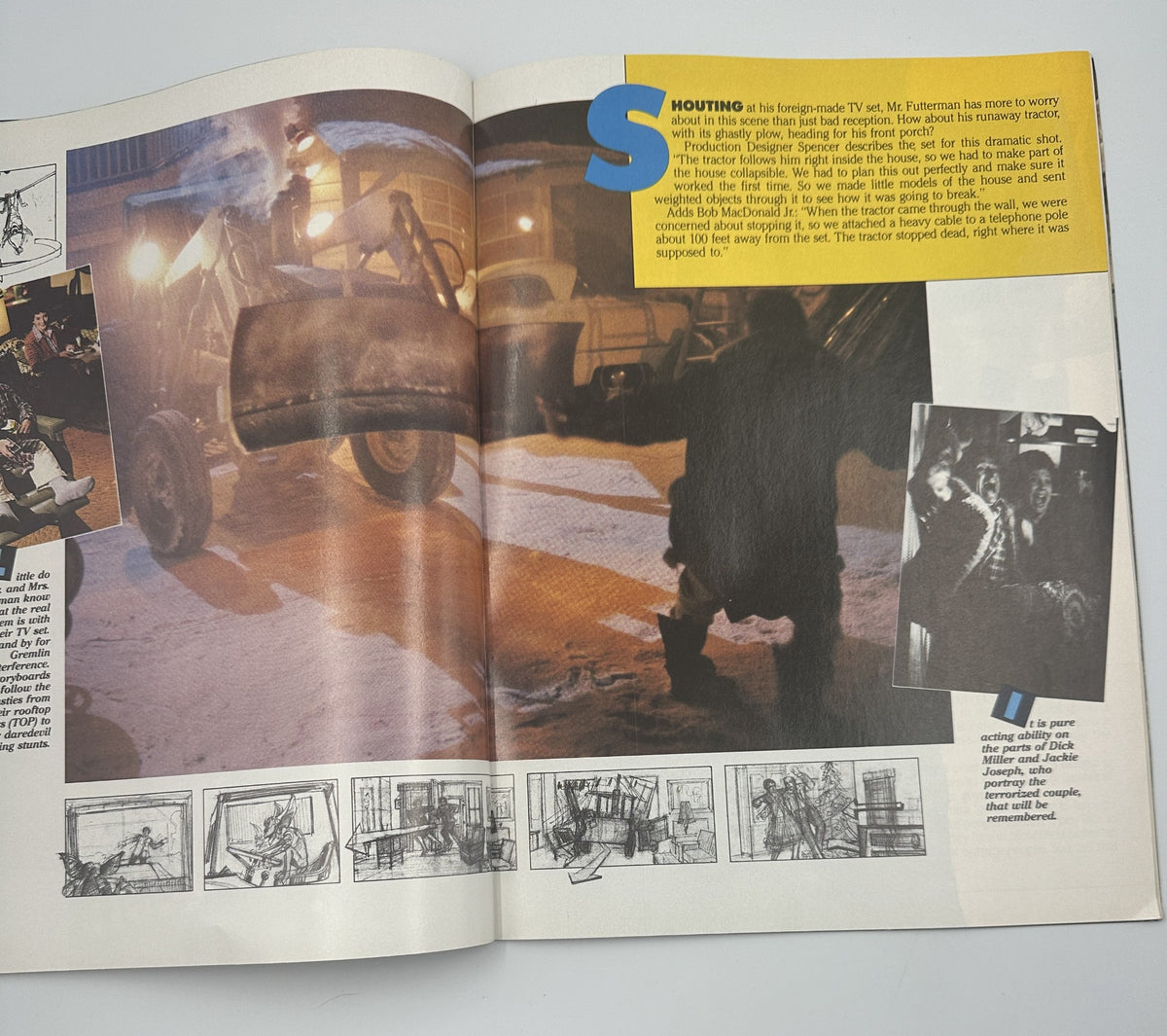 Inside spread of Gremlins Souvenir Magazine Official Collector’s Edition Steven Spielberg, featuring an image of a snowy scene with a character interacting with a vehicle.