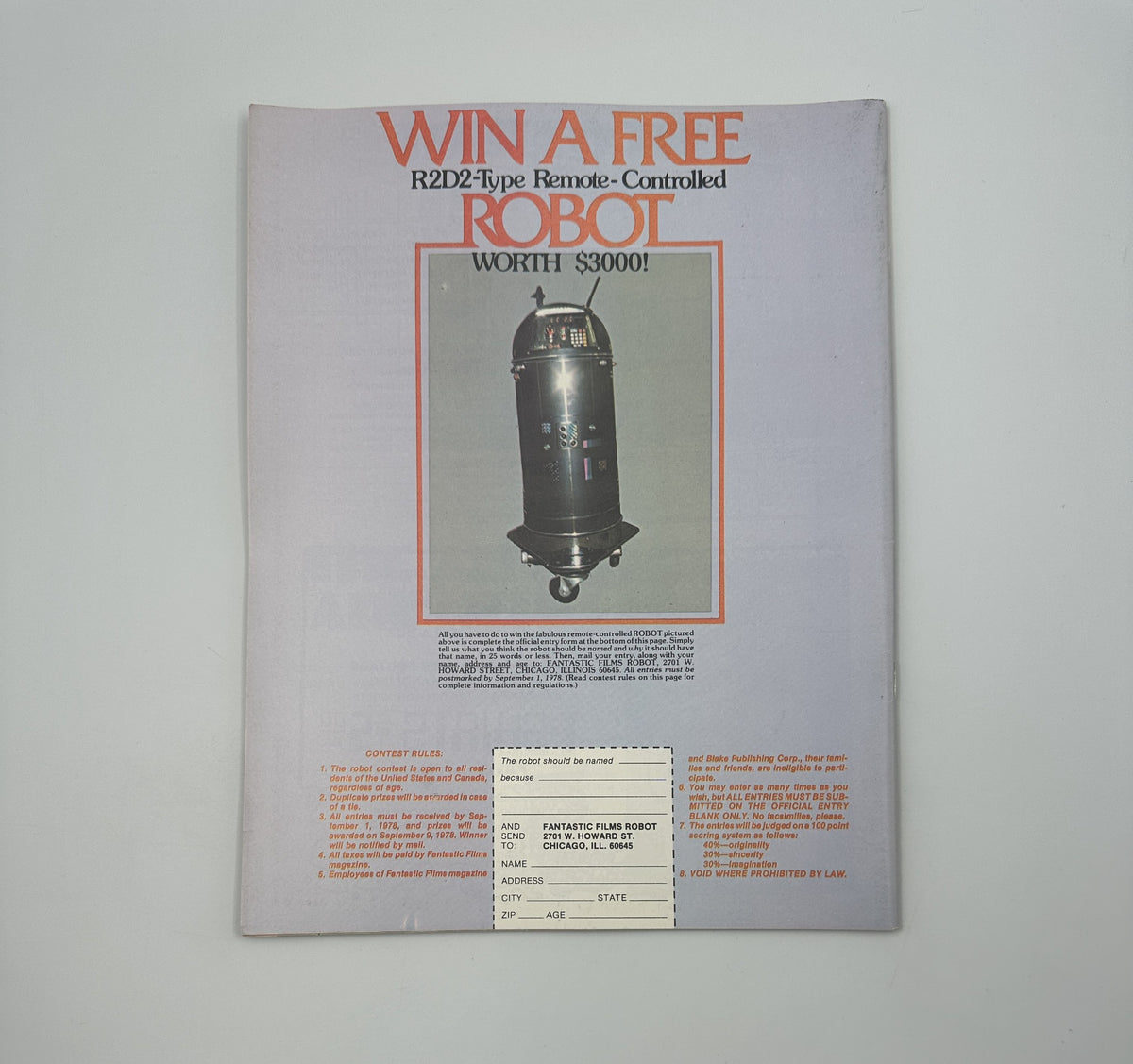 Back cover of Fantastic Films Magazine April 1978 featuring a promotional ad for a chance to win a R2D2-type remote-controlled robot worth $3000. Magazine condition is very good with light edge wear.