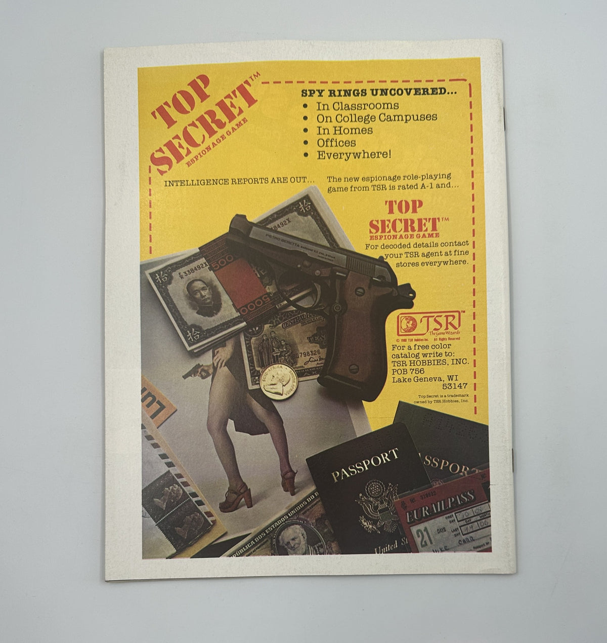 Cover of Fantastic Films Magazine June 1981 featuring 'Top Secret,' a spy-themed role-playing game advertisement, alongside a graphic of money and a pistol, relevant to the theme of espionage and intrigue.