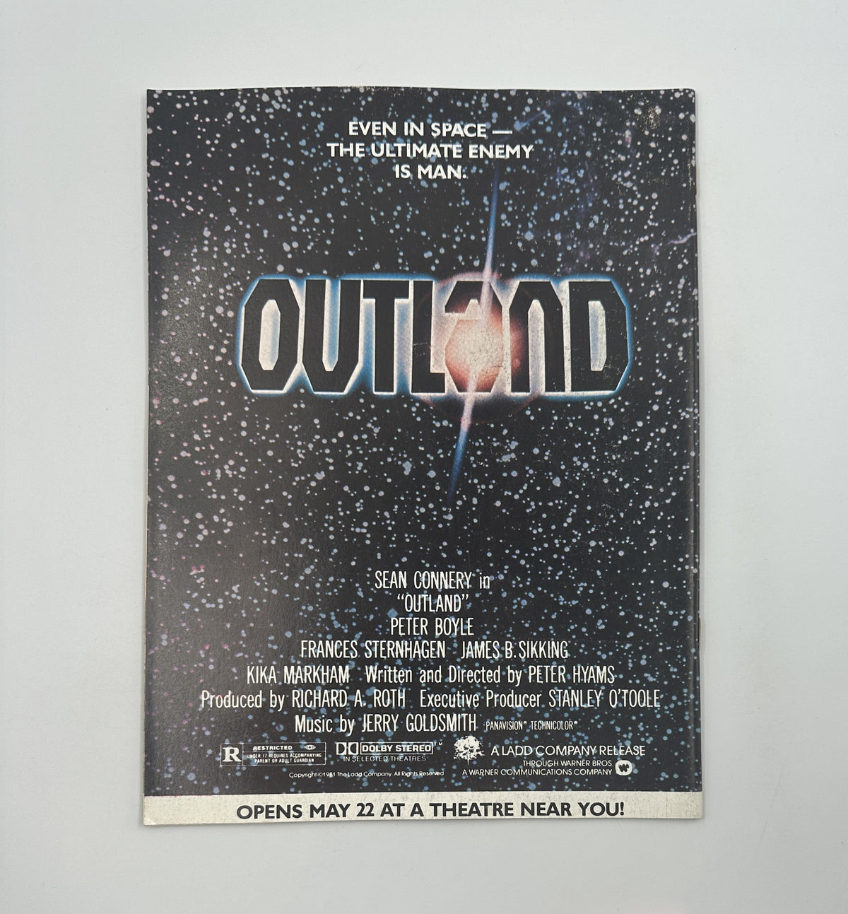 Promotional back cover of Fantastic Films Magazine August 1981 for the movie Outland, starring Sean Connery.