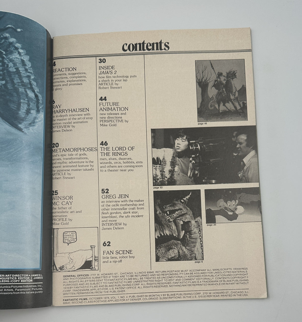 Table of contents of Fantastic Films Magazine, October 1978, listing articles including reactions, Jaws 2, animation features, and an interview with Winsor McCay.