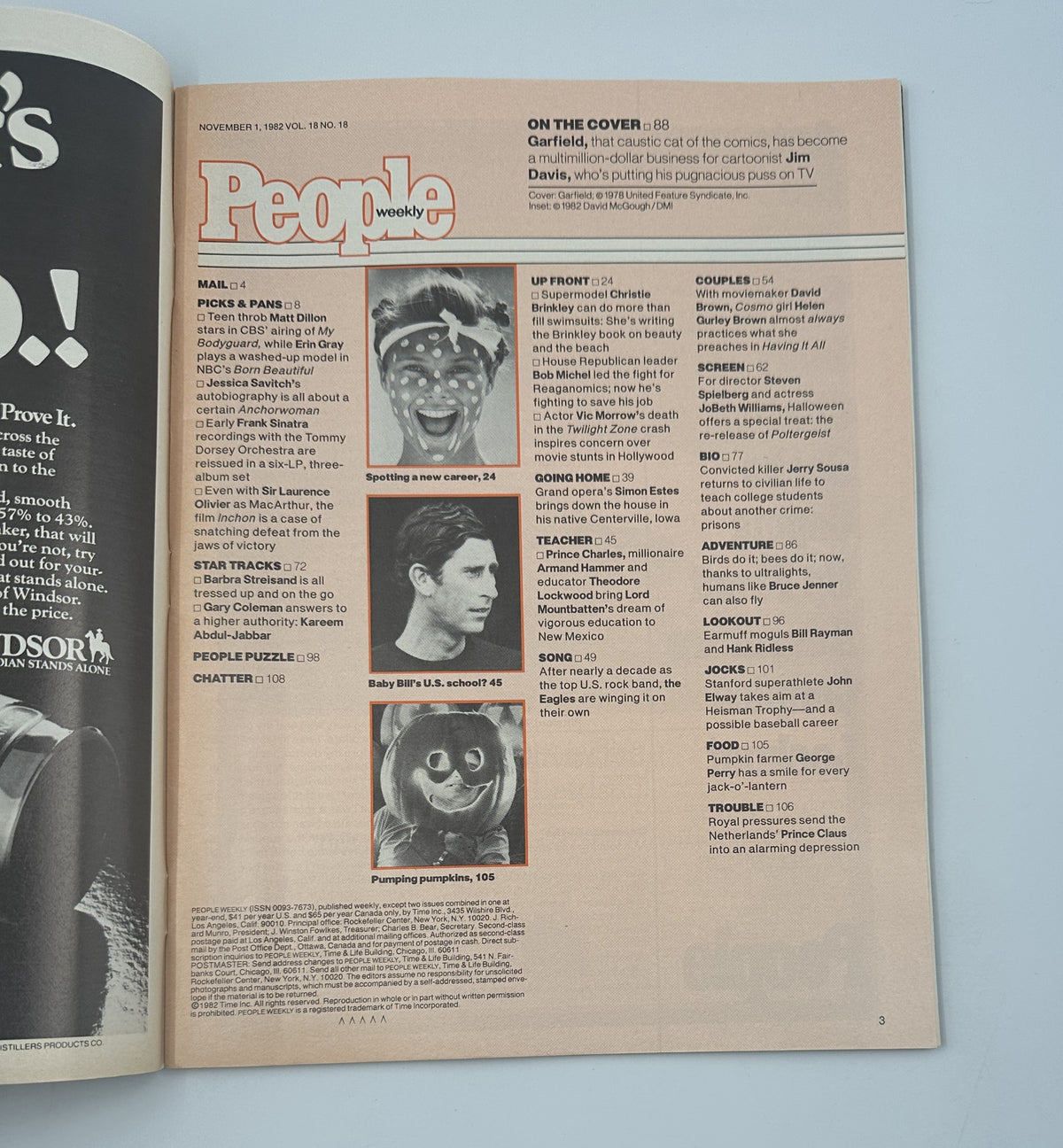 Inside page of People Magazine from November 1, 1982 displaying the table of contents, featuring articles on various celebrities and events.