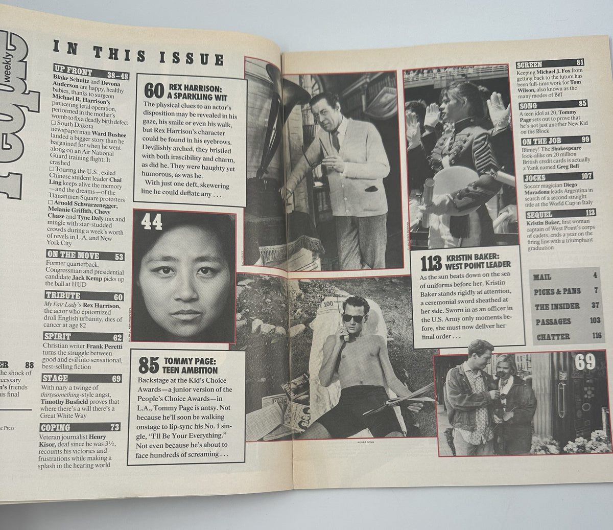 Inside page from the June 18, 1990, issue of People Magazine, showcasing various articles including a tribute to Rex Harrison and a feature on Tommy Page. The layout displays a collection of images and text summarizing the magazine's contents.