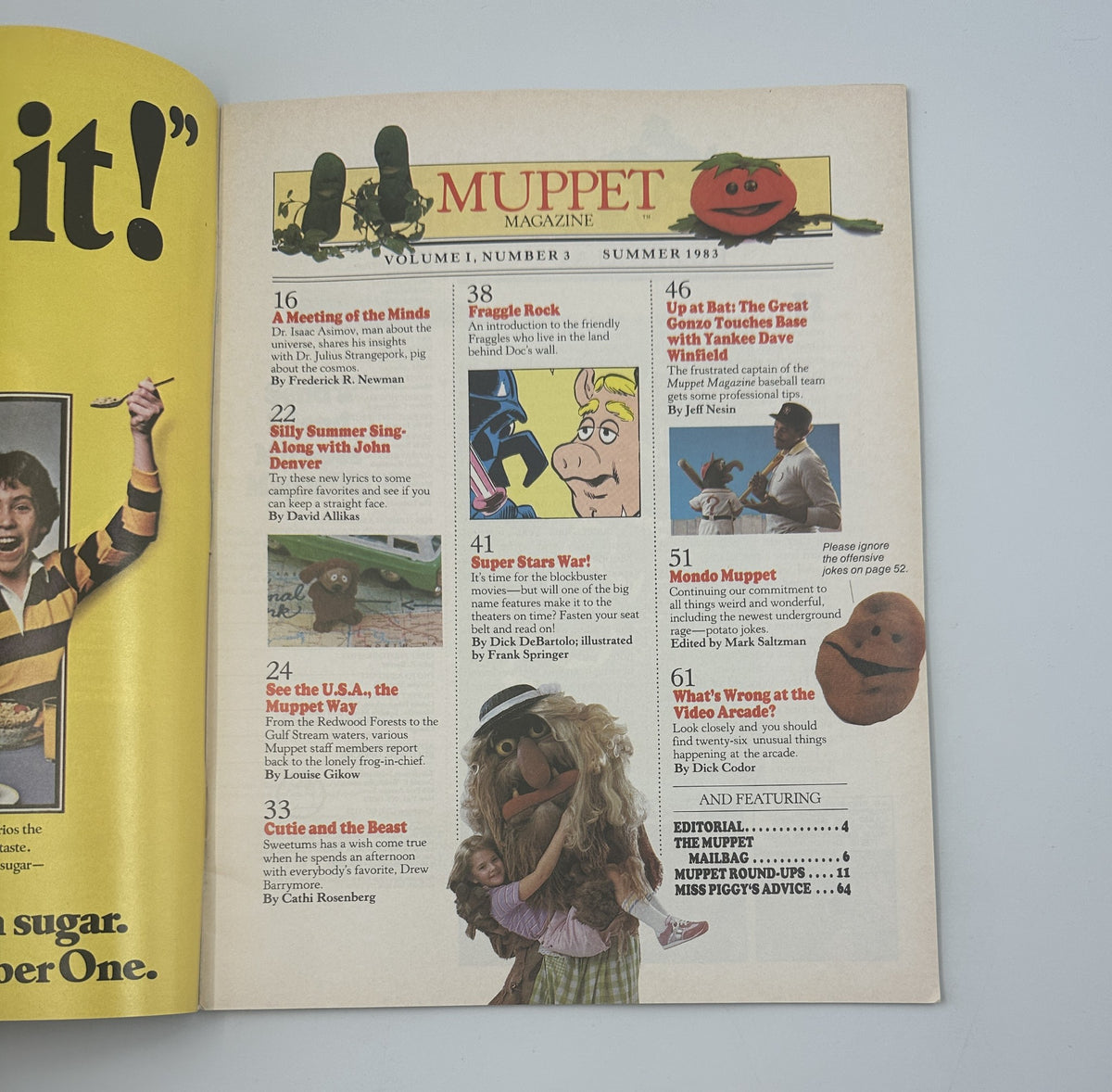 Inside page of Muppet Magazine Summer 1983 displaying the Table of Contents with featured articles including 'A Meeting of the Mind' and 'Fraggle Rock'.
