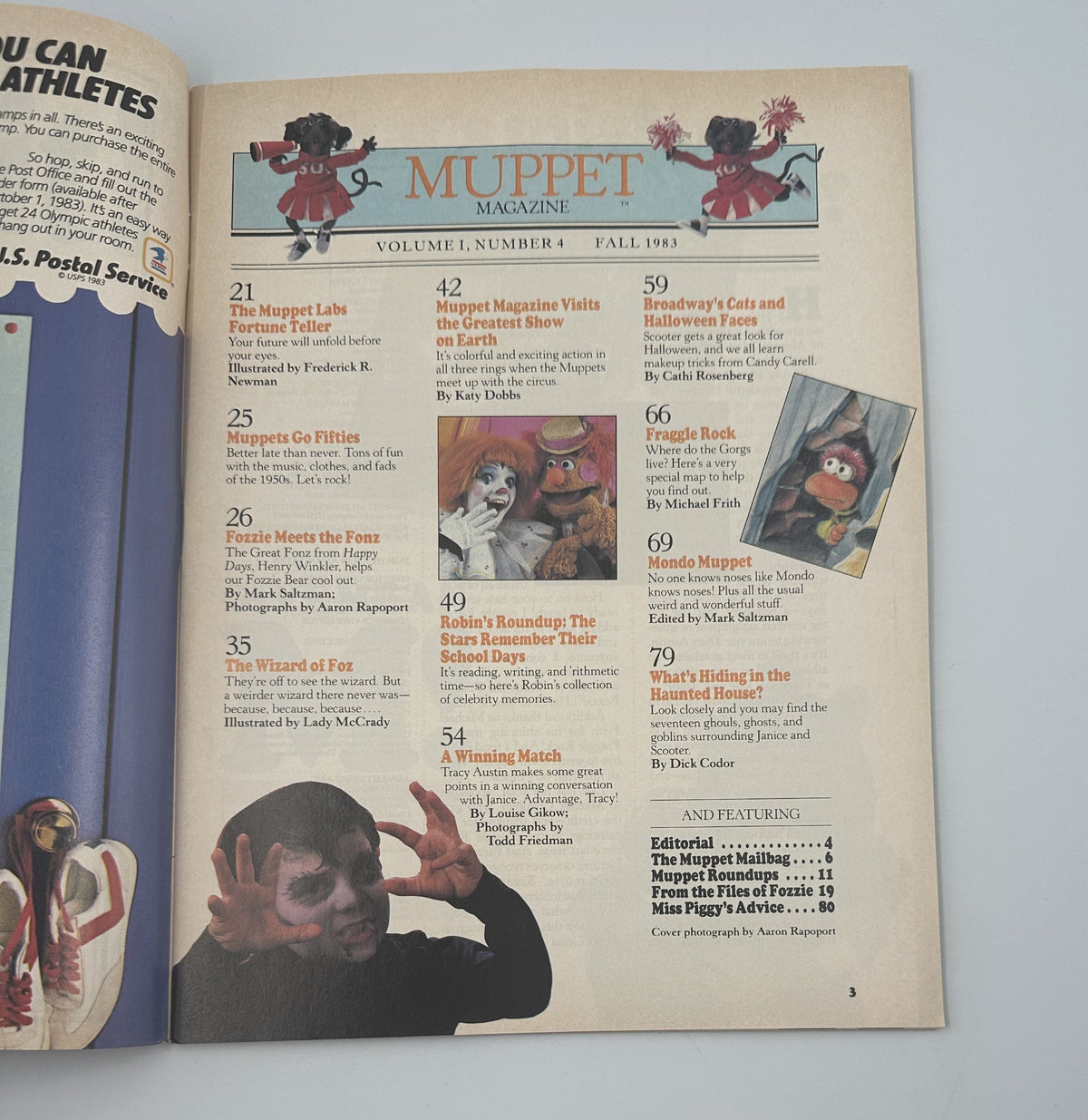 Muppet Magazine Fall 1983 featuring Fozzie Meets the Fonz, showcasing a colorful Table of Contents with illustrations and highlights from the issue.