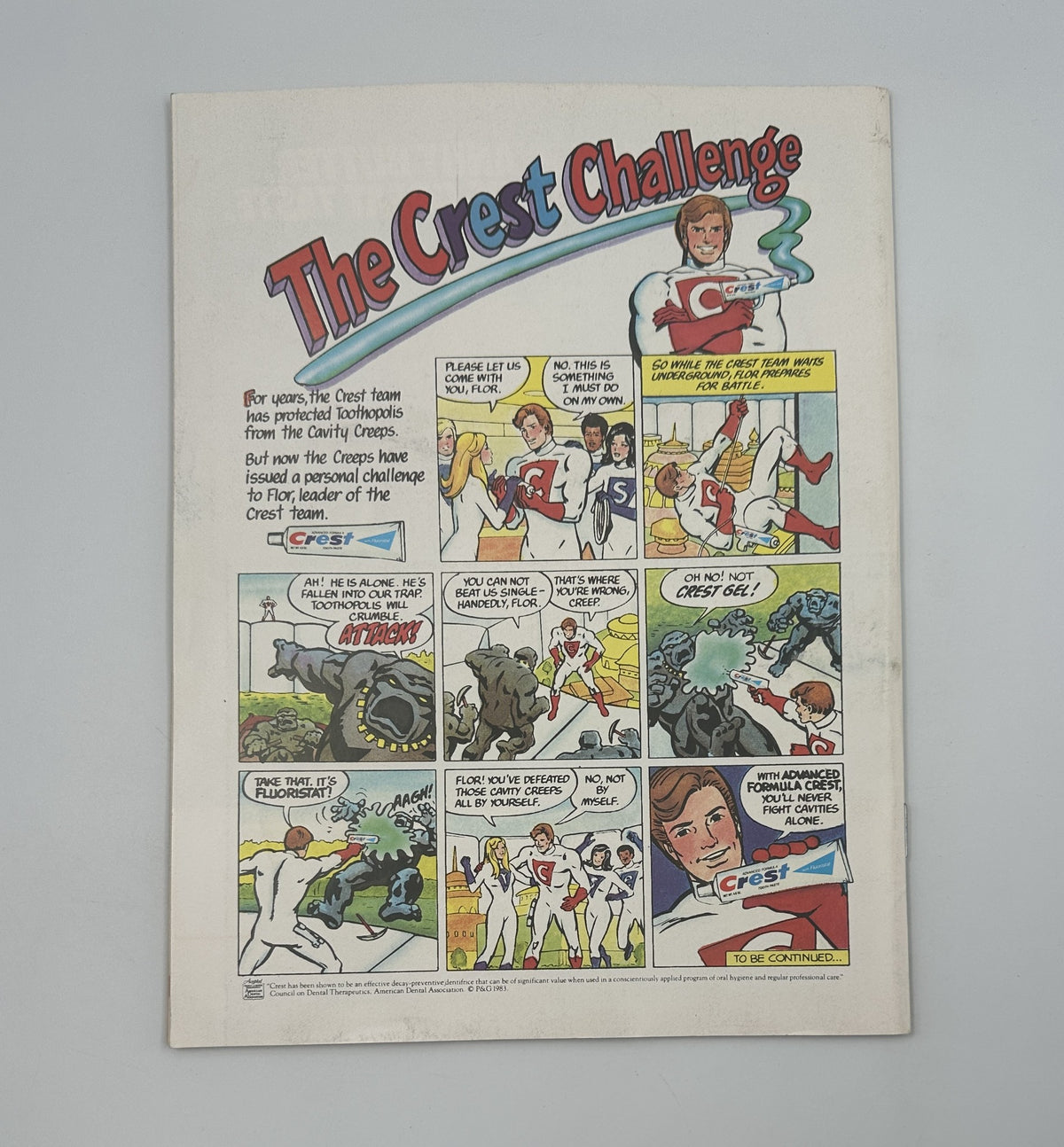 Muppet Magazine Fall 1983 page illustrating The Crest Challenge, highlighting Crest toothpaste promotional comic style with characters engaging in fun activities.