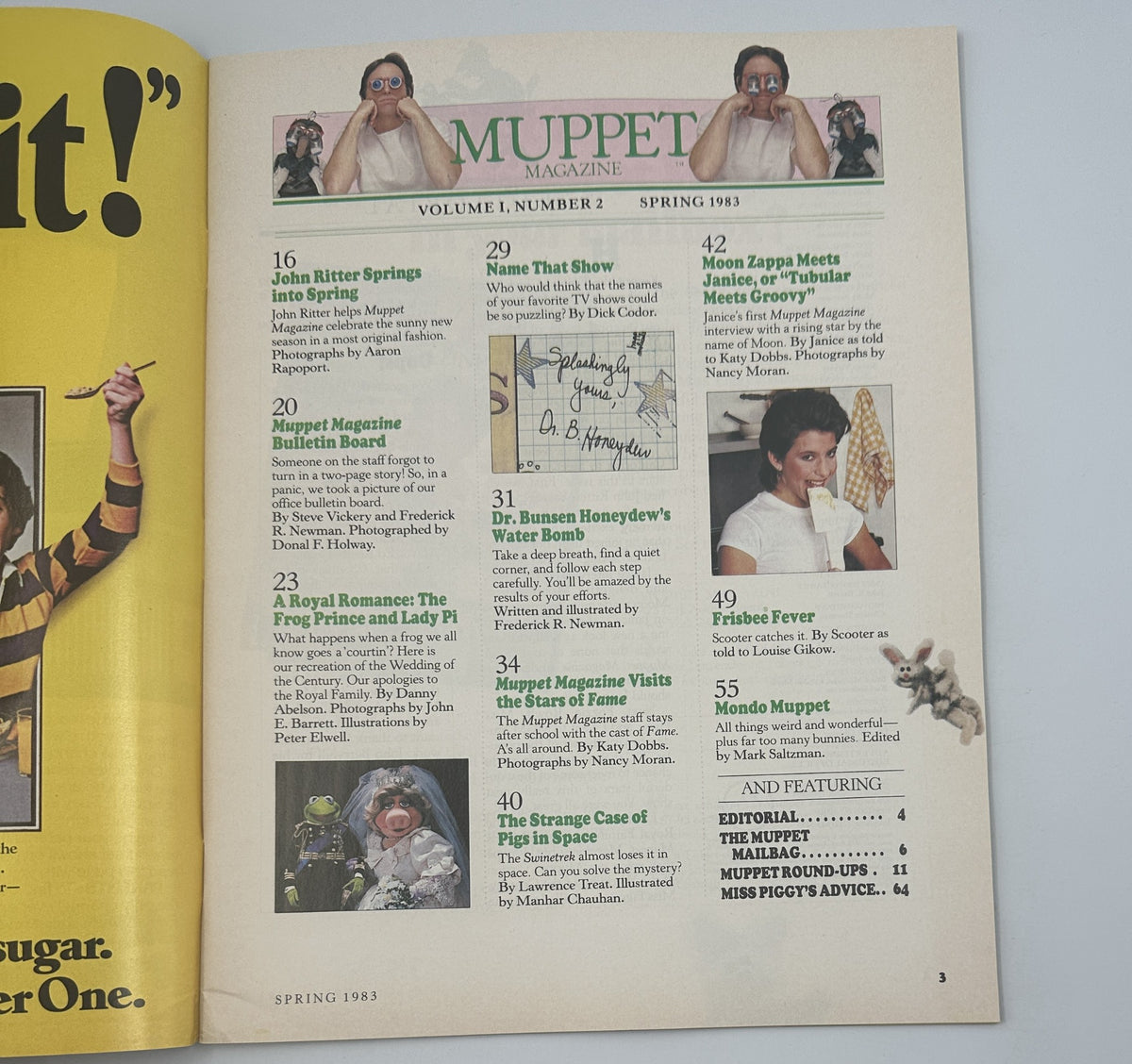 Interior page of Muppet Magazine Spring 1983 showcasing the Table of Contents, including features like John Ritter Springs, Name That Show, and Dr. Bunsen Honeydew’s Water Bomb.