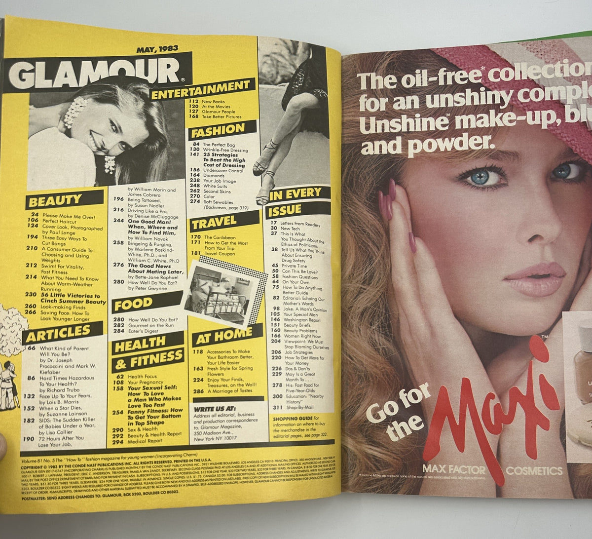 Inside pages of Glamour Magazine May 1983 displaying the Table of Contents and topics related to beauty, fashion, travel, and health.